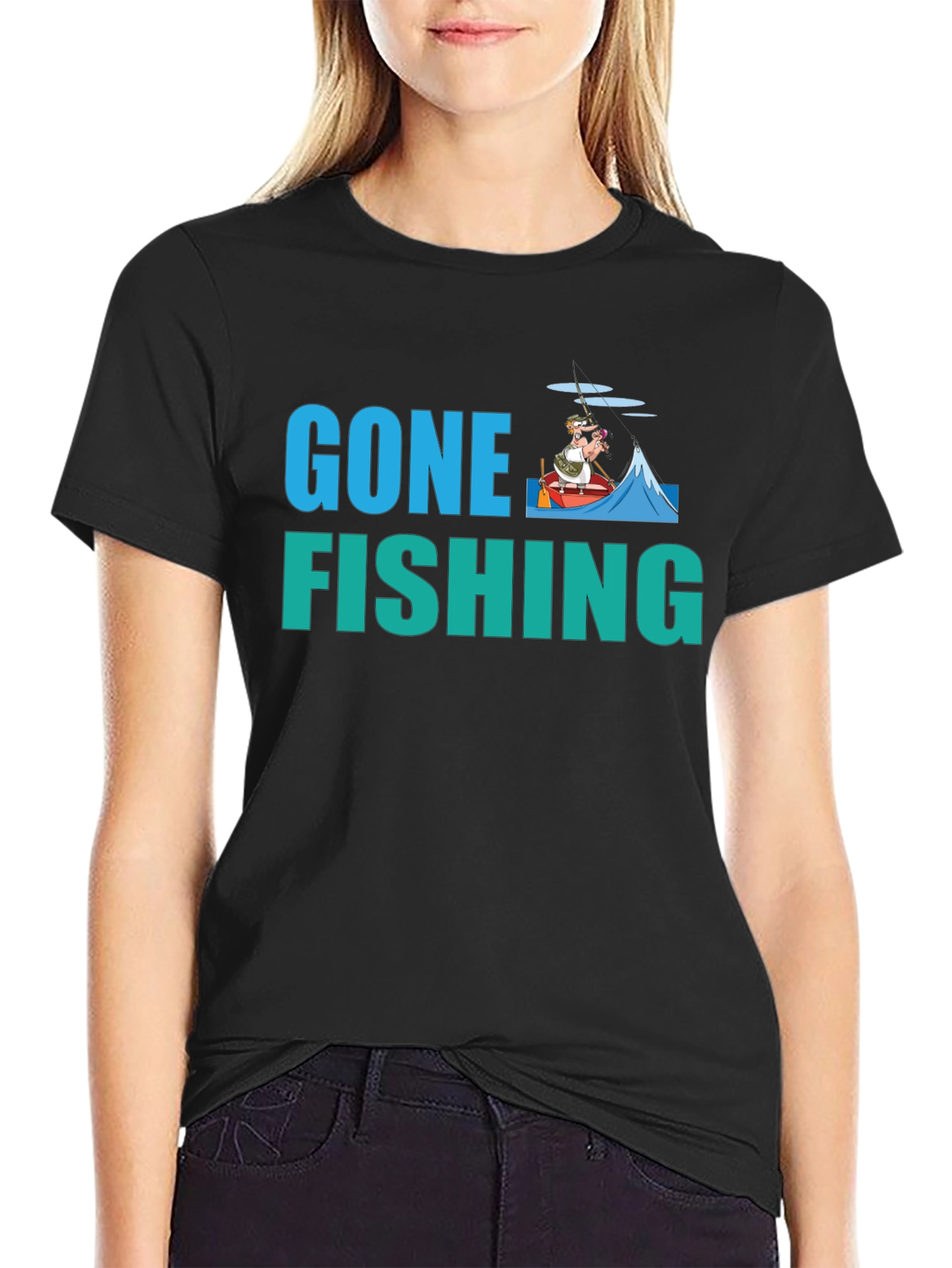 Gone Fishing Graphic Tee -  Black Cotton T-Shirt