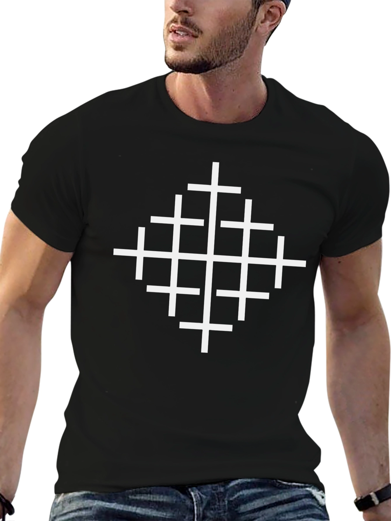 Geometric Cross Design Black T-Shirt