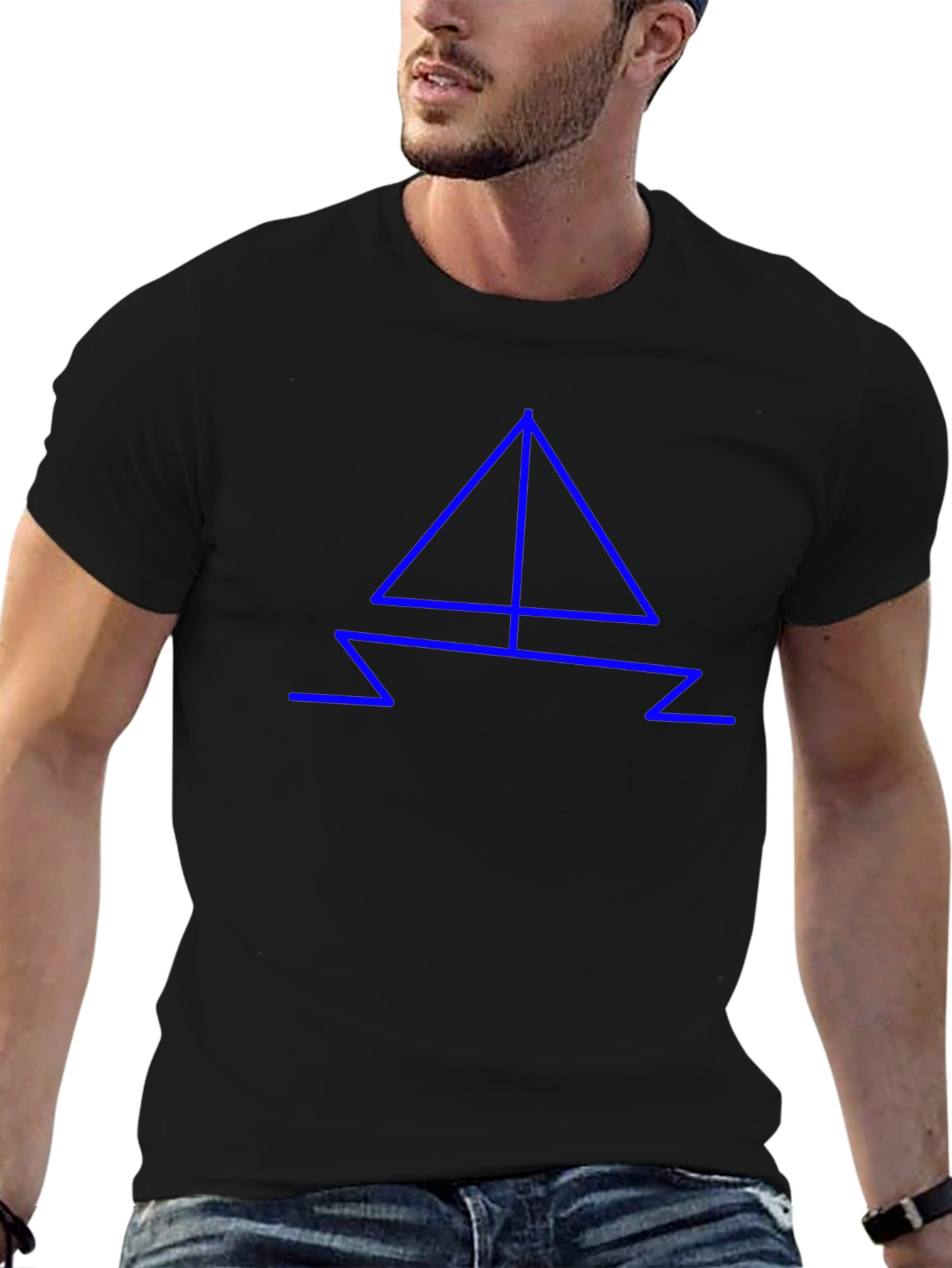 Modern Blue Geometric Boat Design Black T-Shirt
