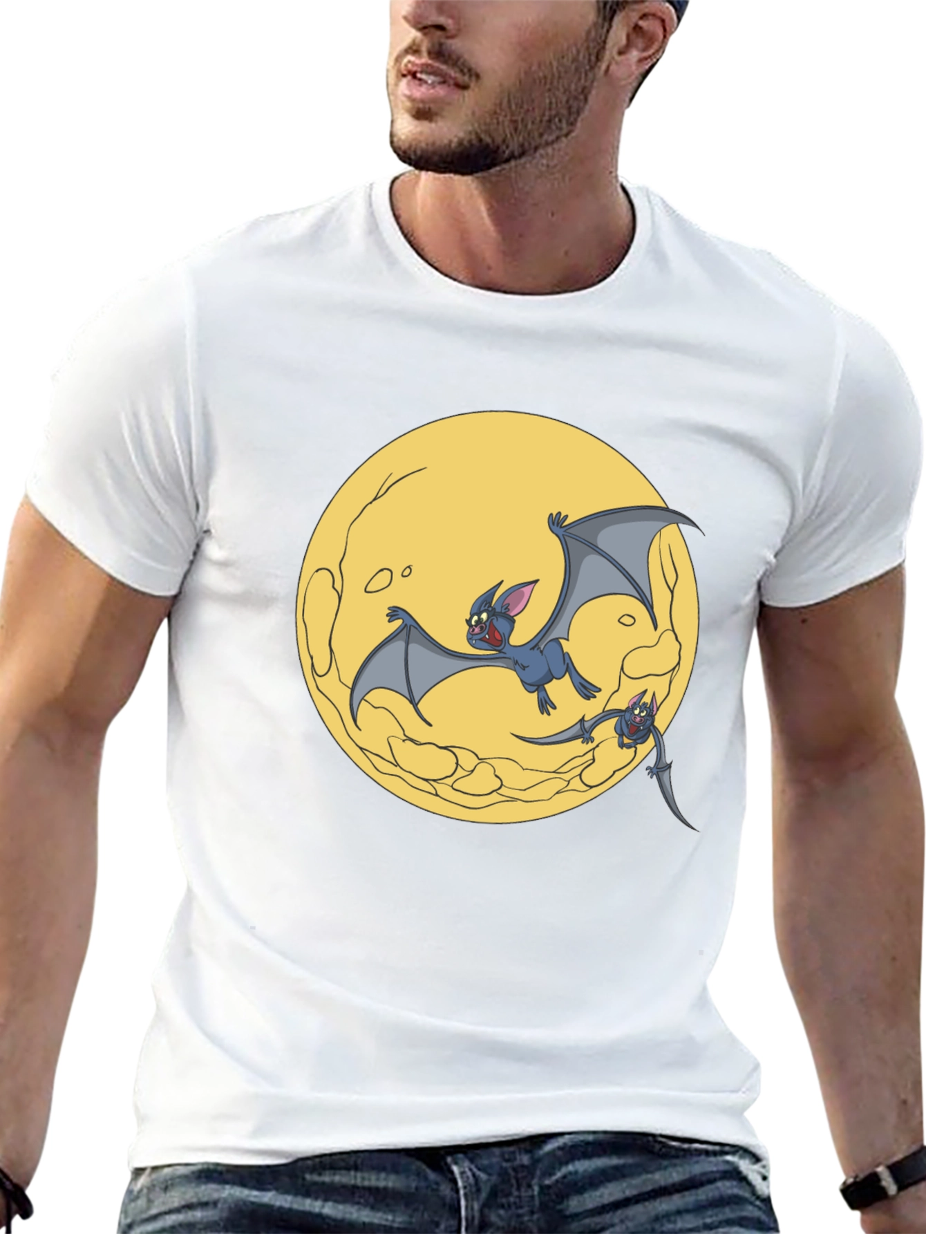 Cartoon Bat Moon Graphic T-Shirt - Black
