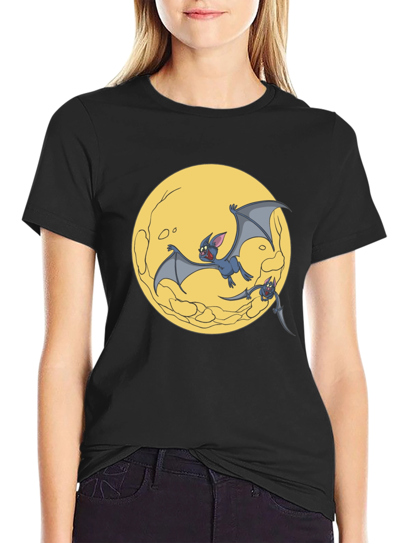 Cartoon Bat Moon Graphic T-Shirt - Black