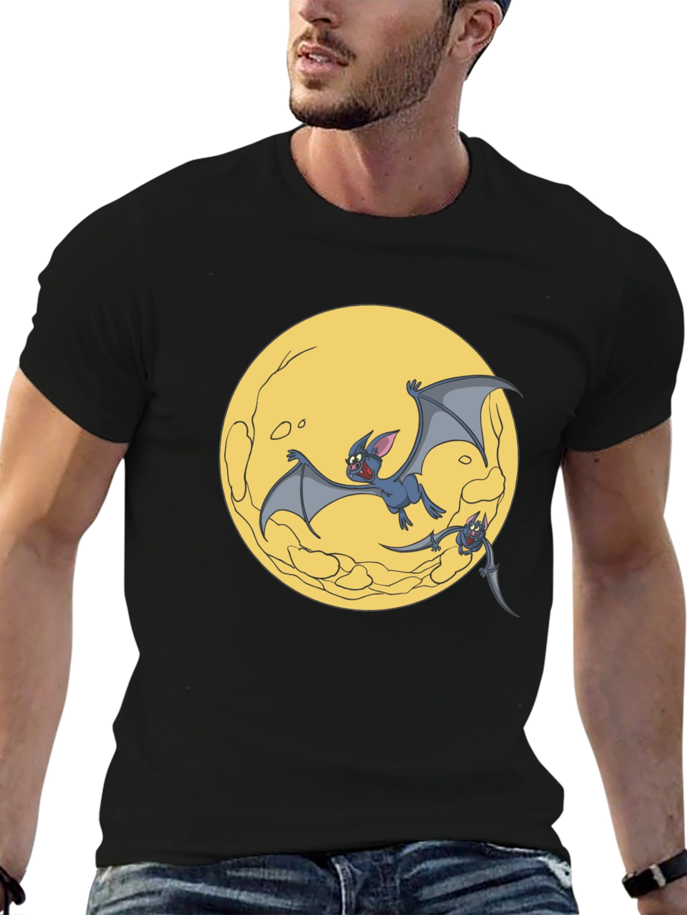 Cartoon Bat Moon Graphic T-Shirt - Black