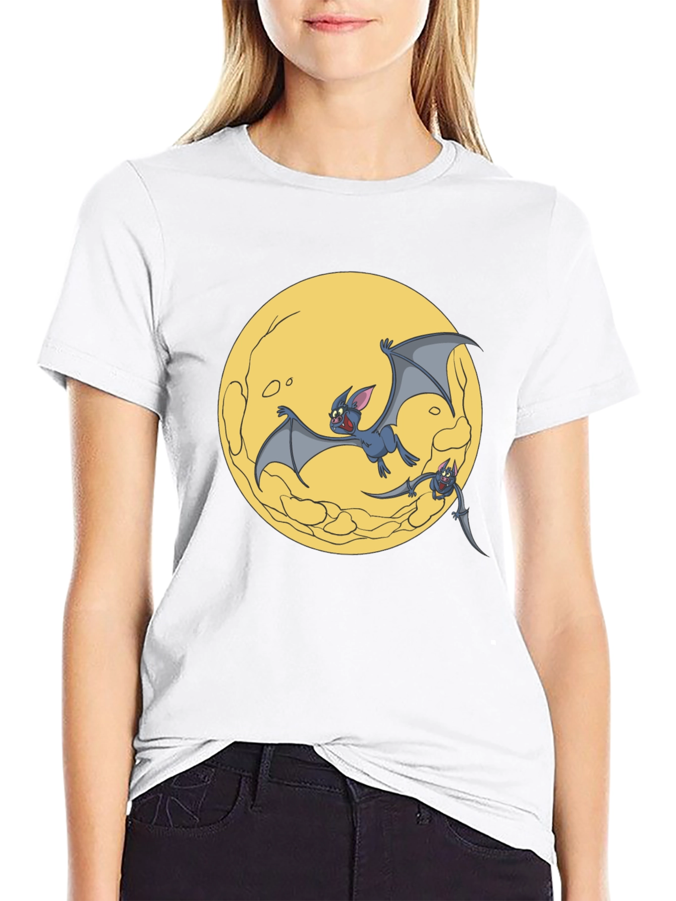 Cartoon Bat Moon Graphic T-Shirt - Black