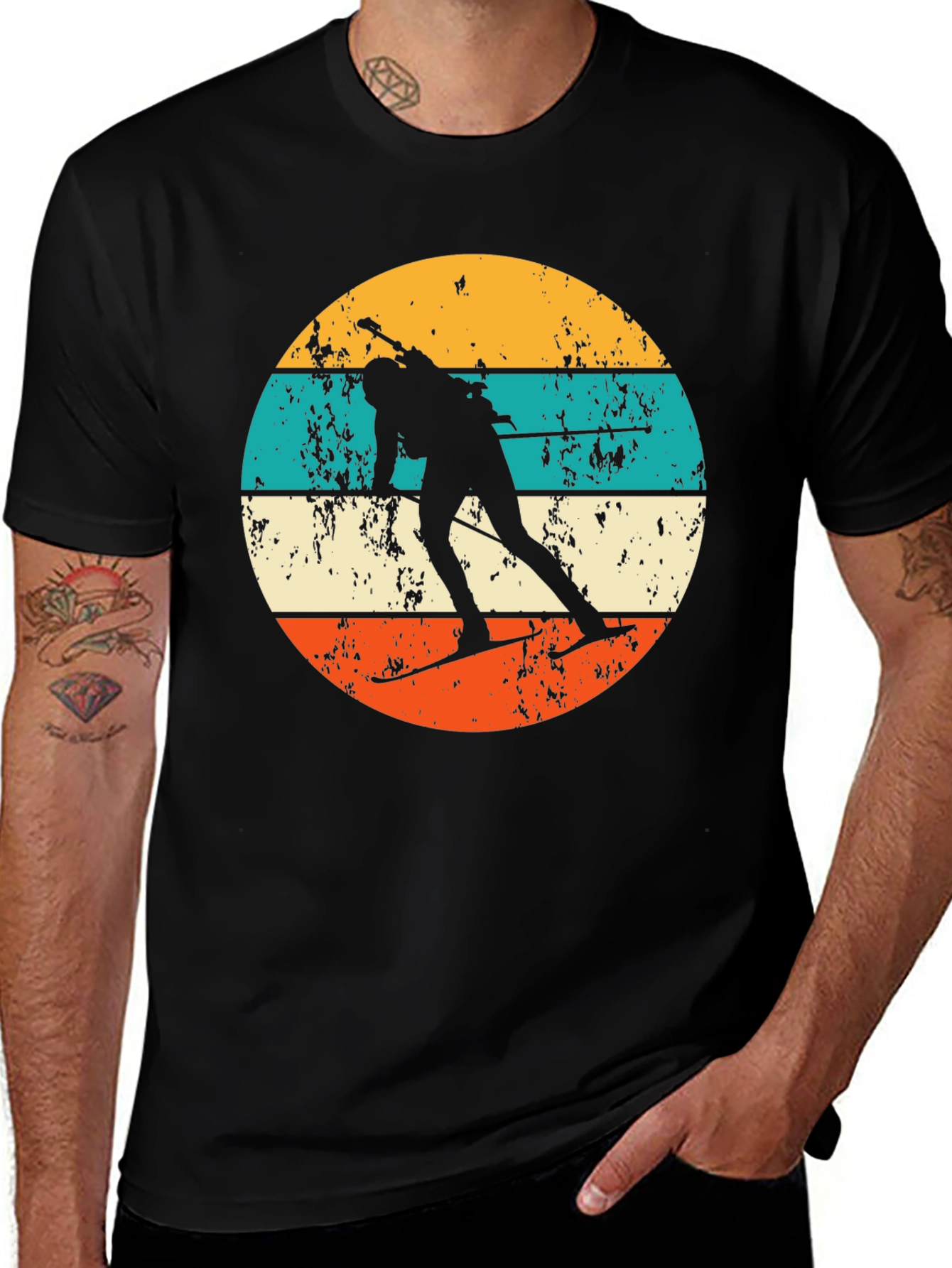 Retro Biathlon T-Shirt - Distressed Skiing Silhouette