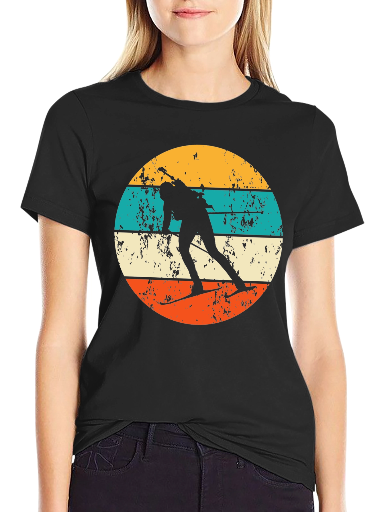 Retro Biathlon T-Shirt - Distressed Skiing Silhouette