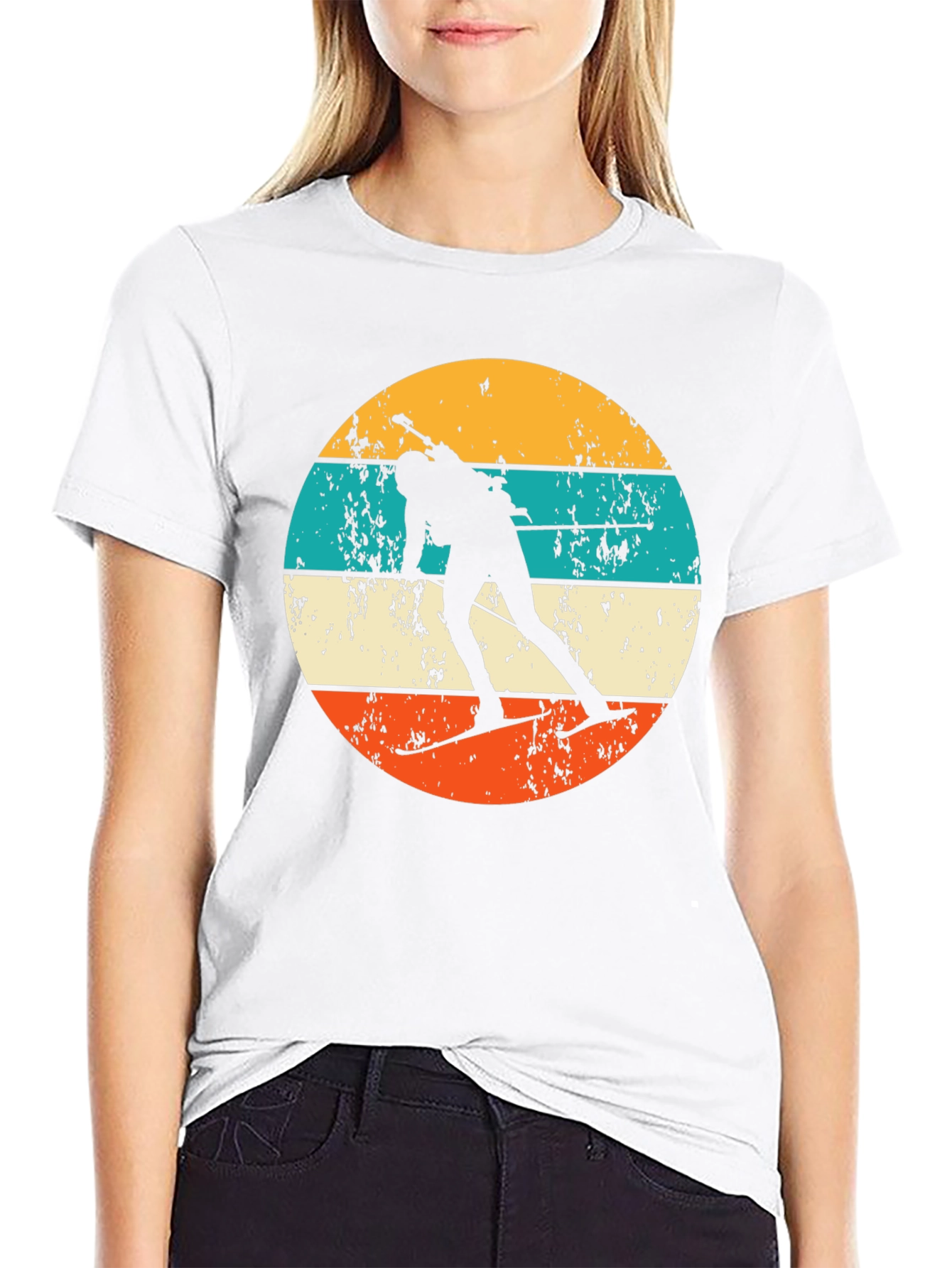 Retro Biathlon T-Shirt - Distressed Skiing Silhouette