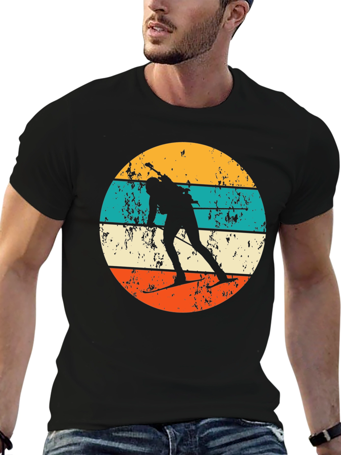 Retro Biathlon T-Shirt - Distressed Skiing Silhouette