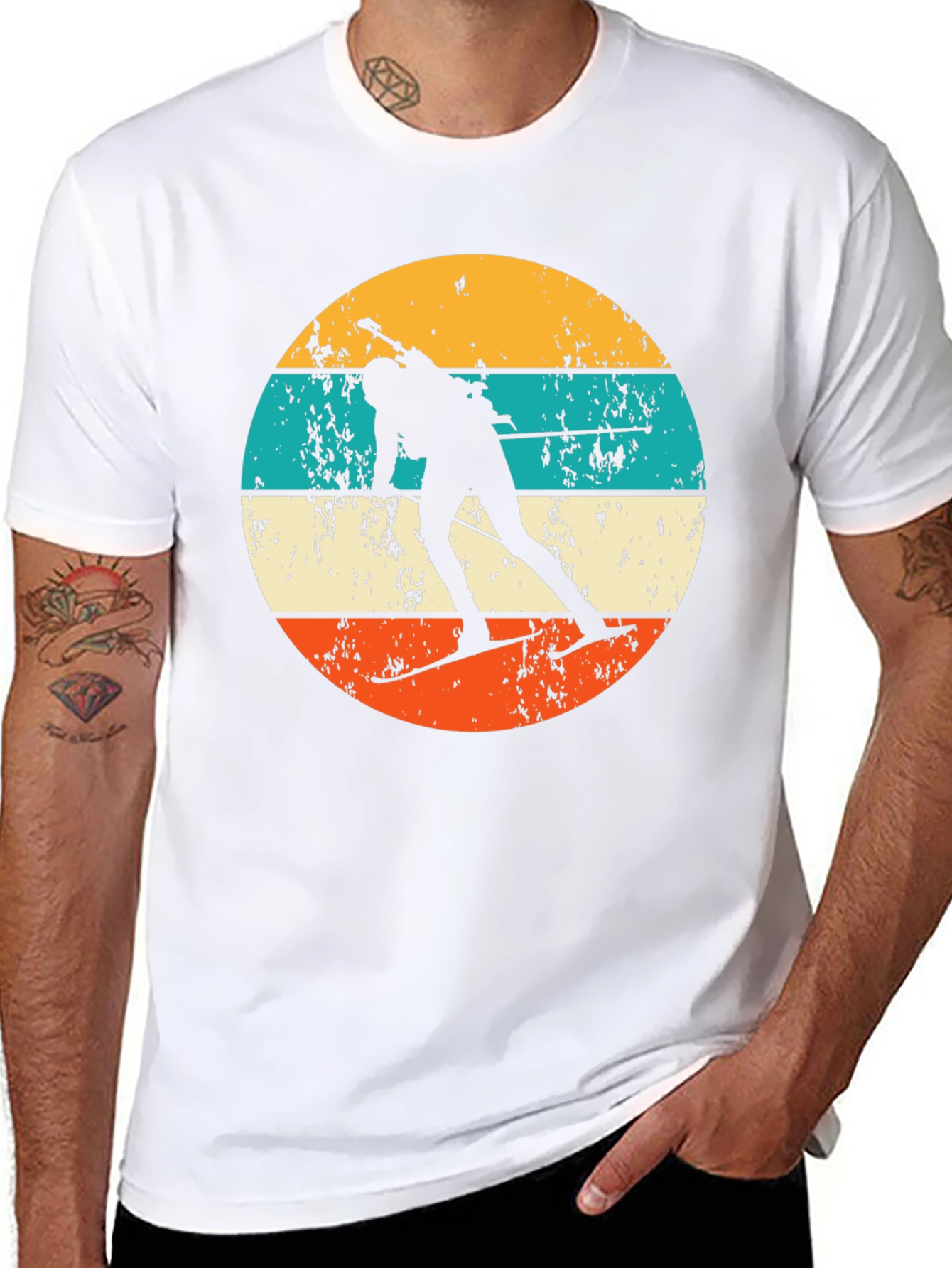 Retro Biathlon T-Shirt - Distressed Skiing Silhouette