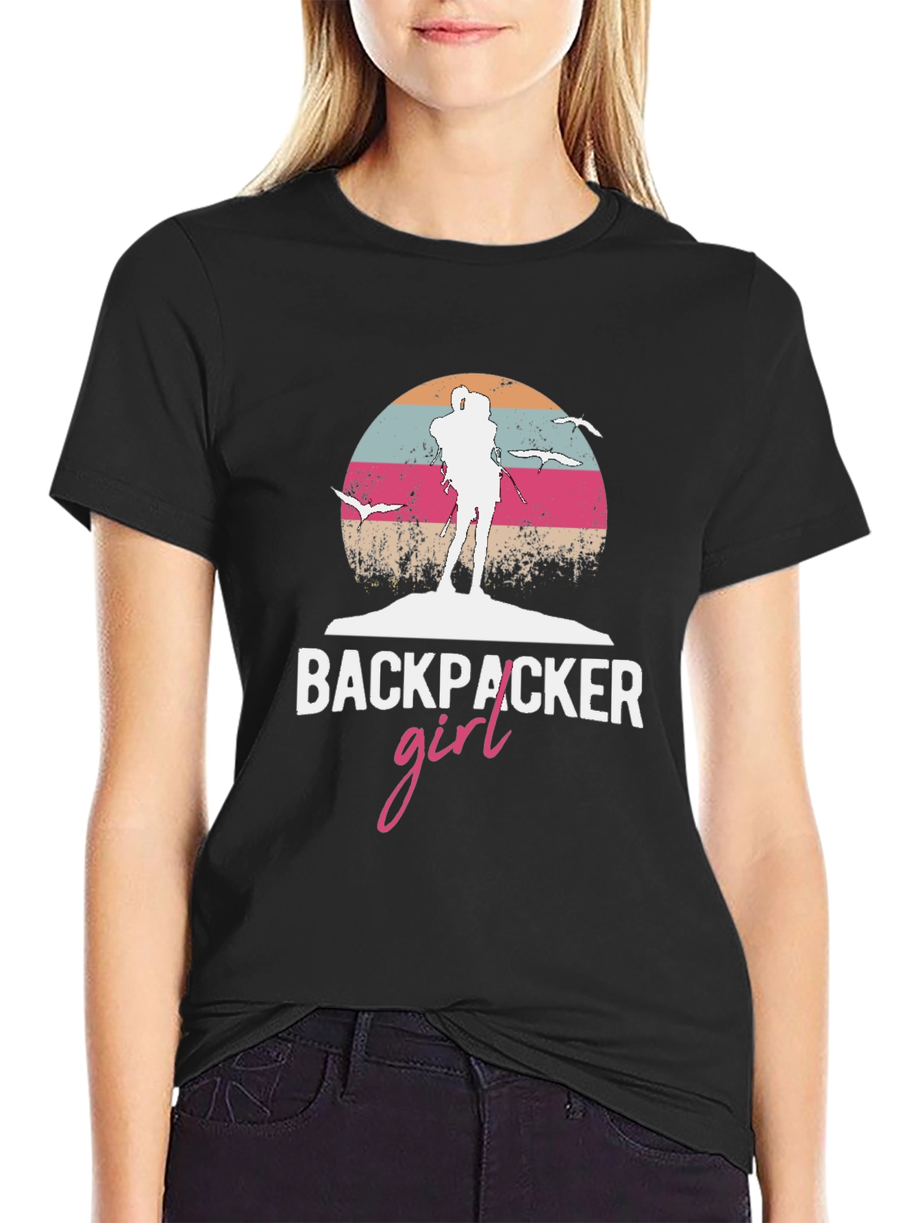 Backpacker Girl Retro T-Shirt - Adventure Ready!