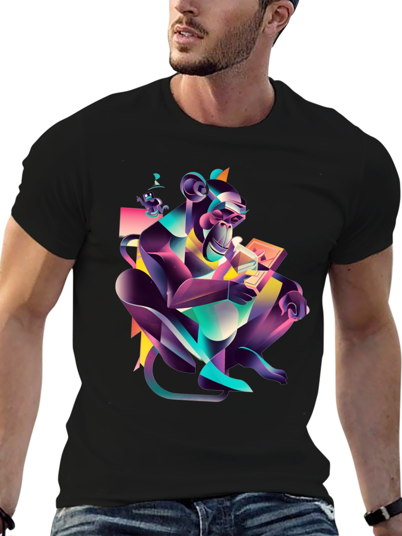 Abstract Monkey Graphic Black T-Shirt