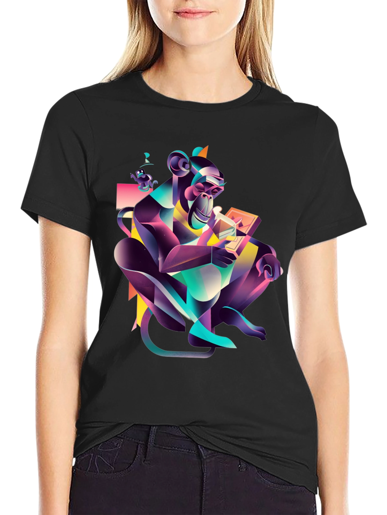 Abstract Monkey Graphic Black T-Shirt