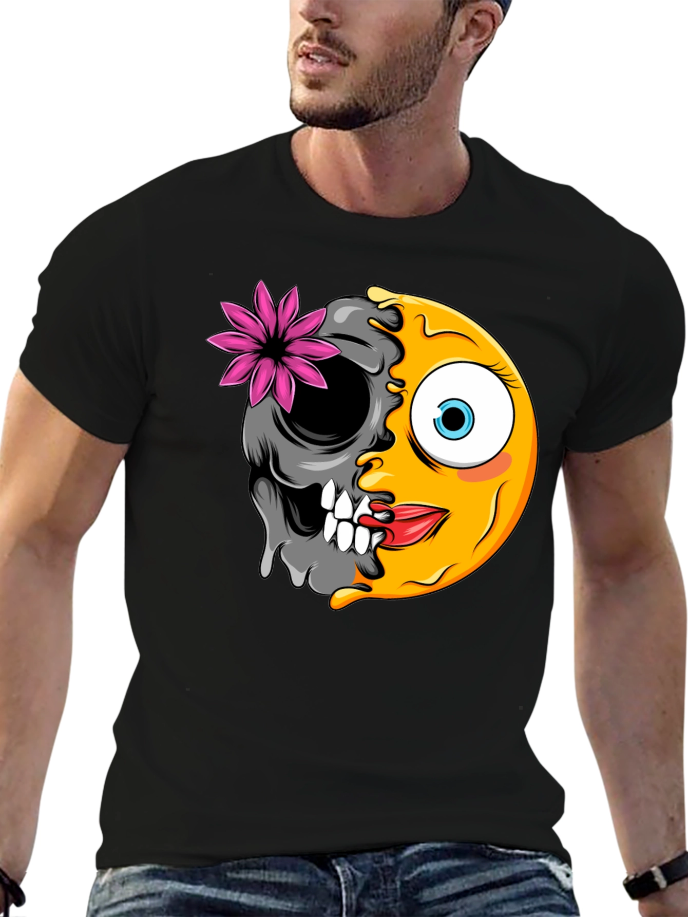 Emoji Skull Graphic Tee - Black Cotton T-Shirt