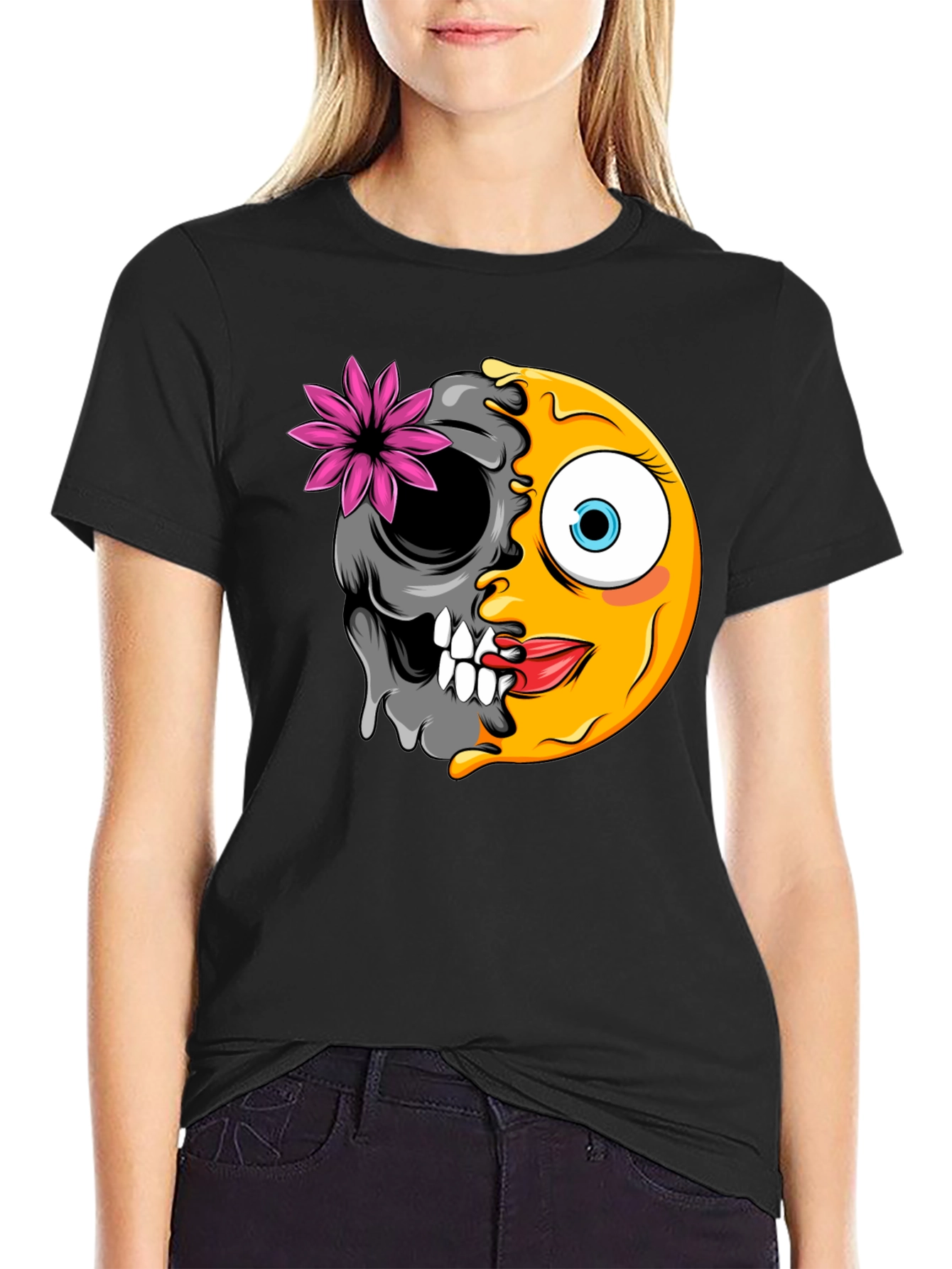 Emoji Skull Graphic Tee - Black Cotton T-Shirt
