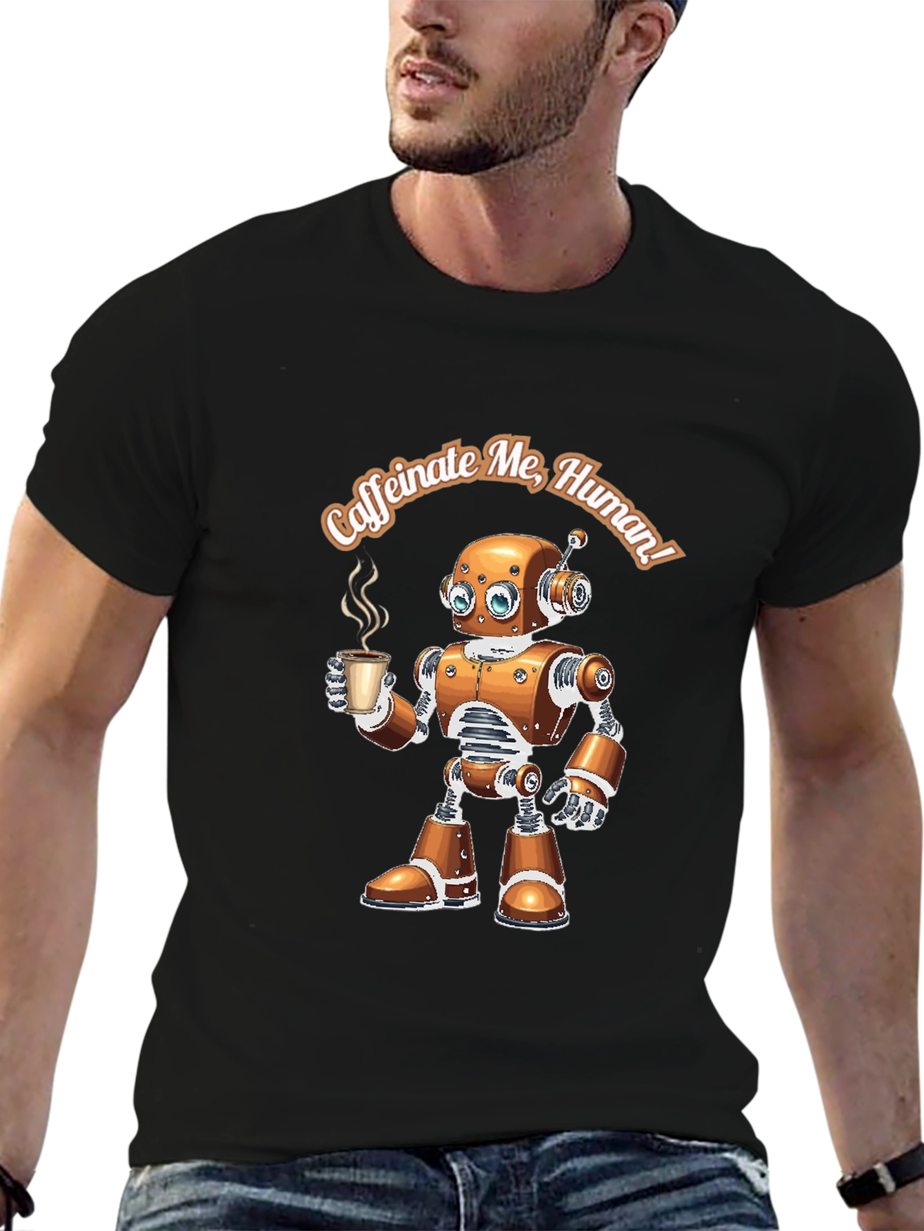 Caffeinate Me Human Robot Graphic Tee