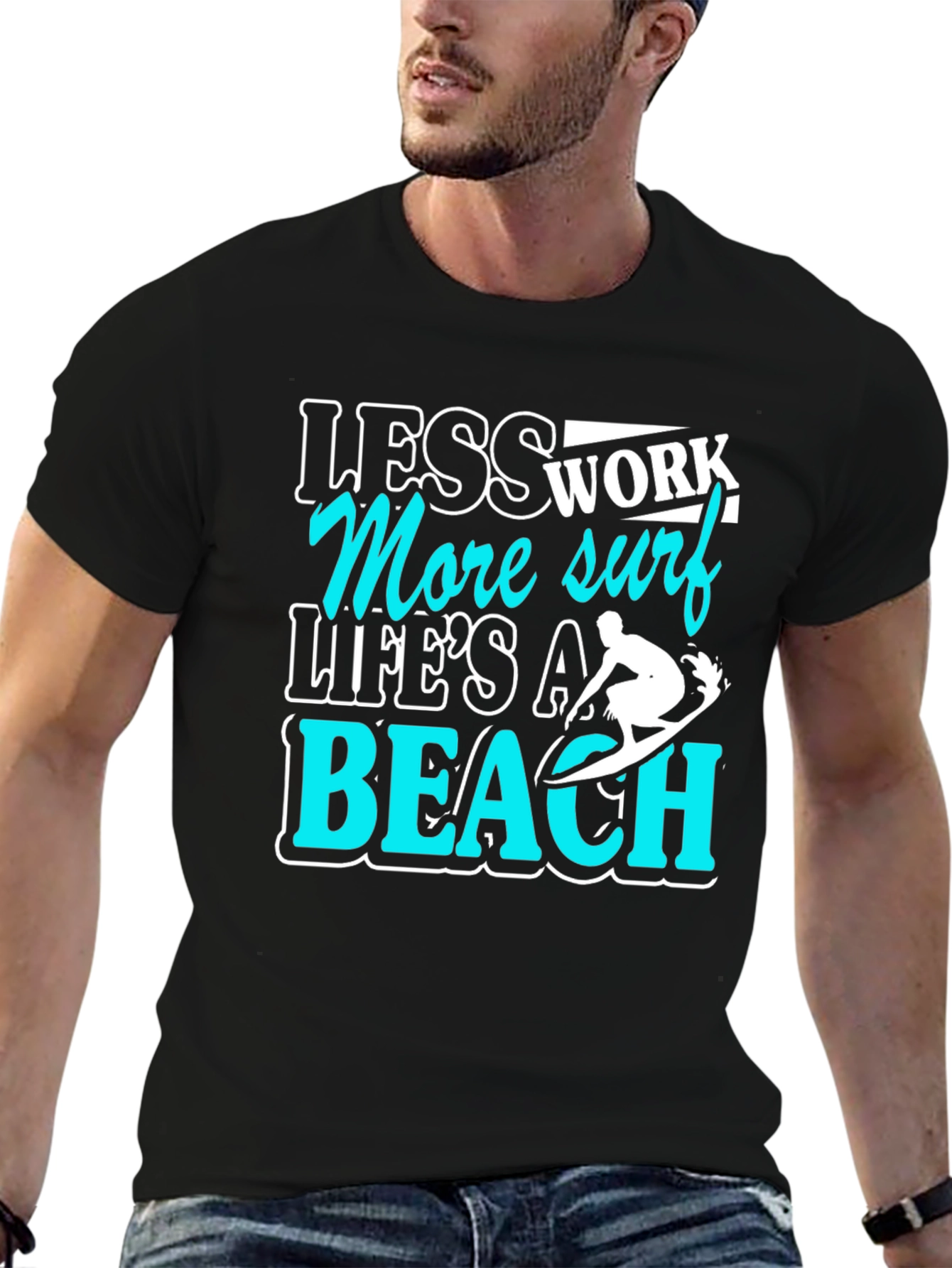 Less Work More Surf Black Graphic T-Shirt