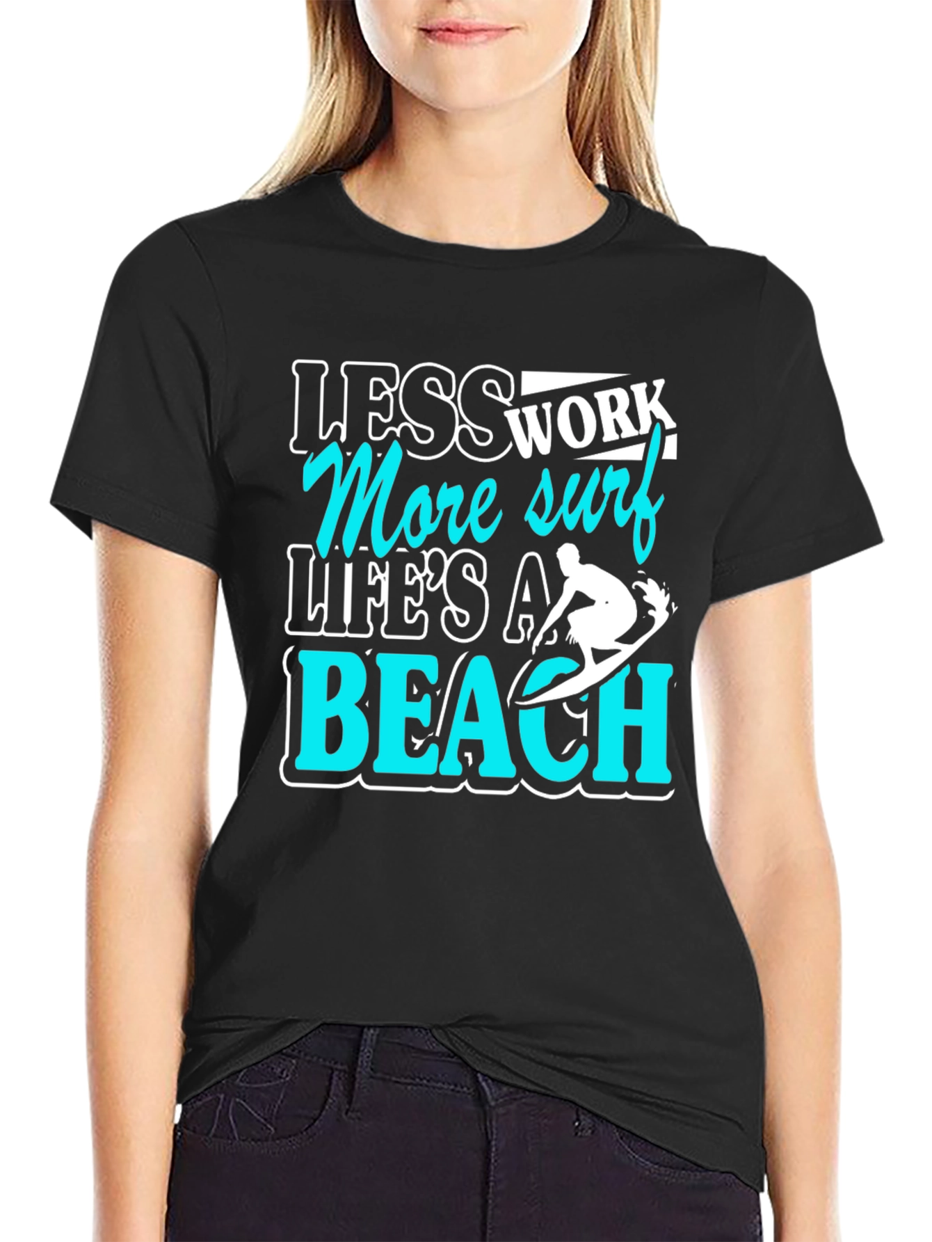 Less Work More Surf Black Graphic T-Shirt