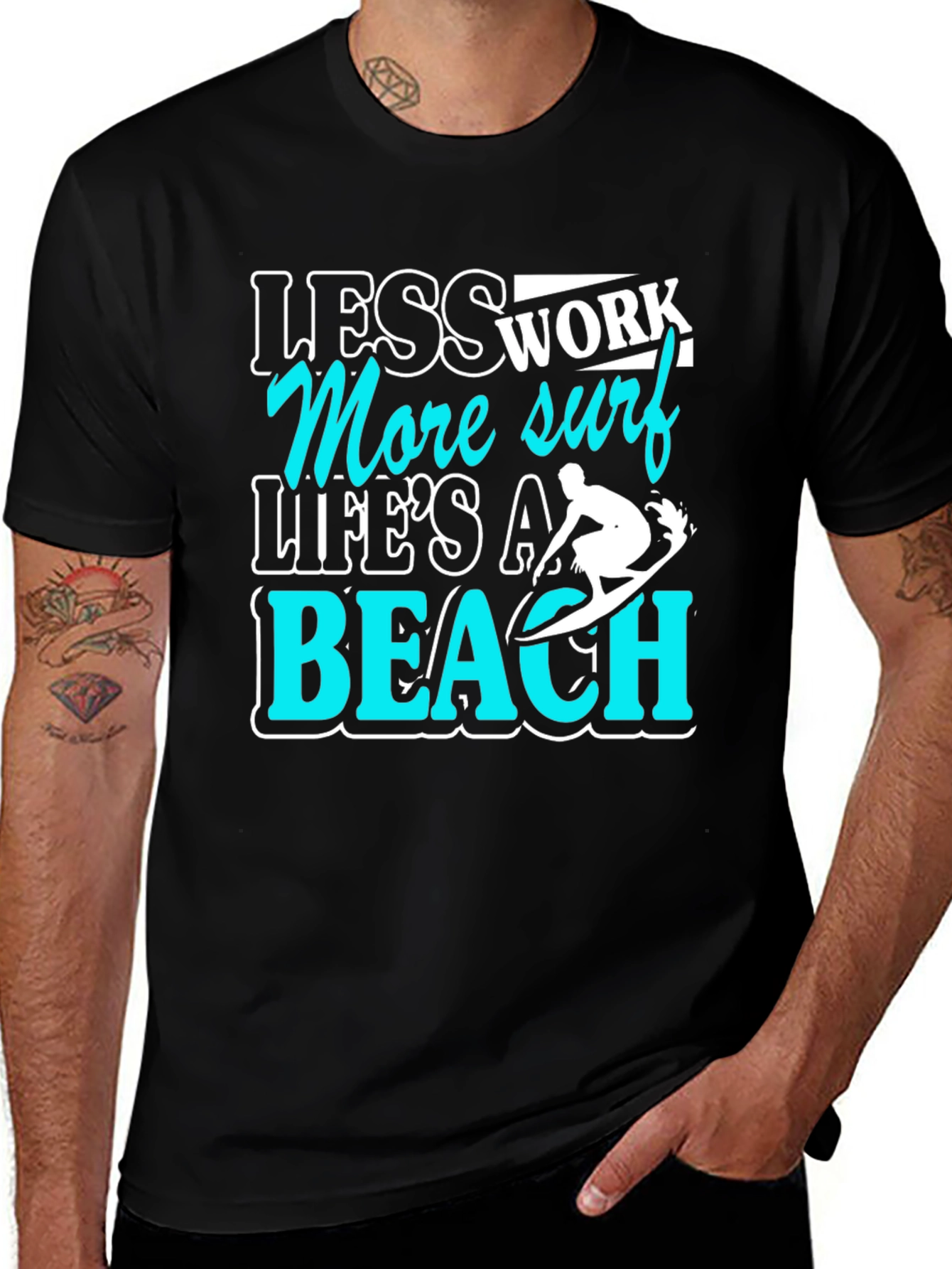 Less Work More Surf Black Graphic T-Shirt
