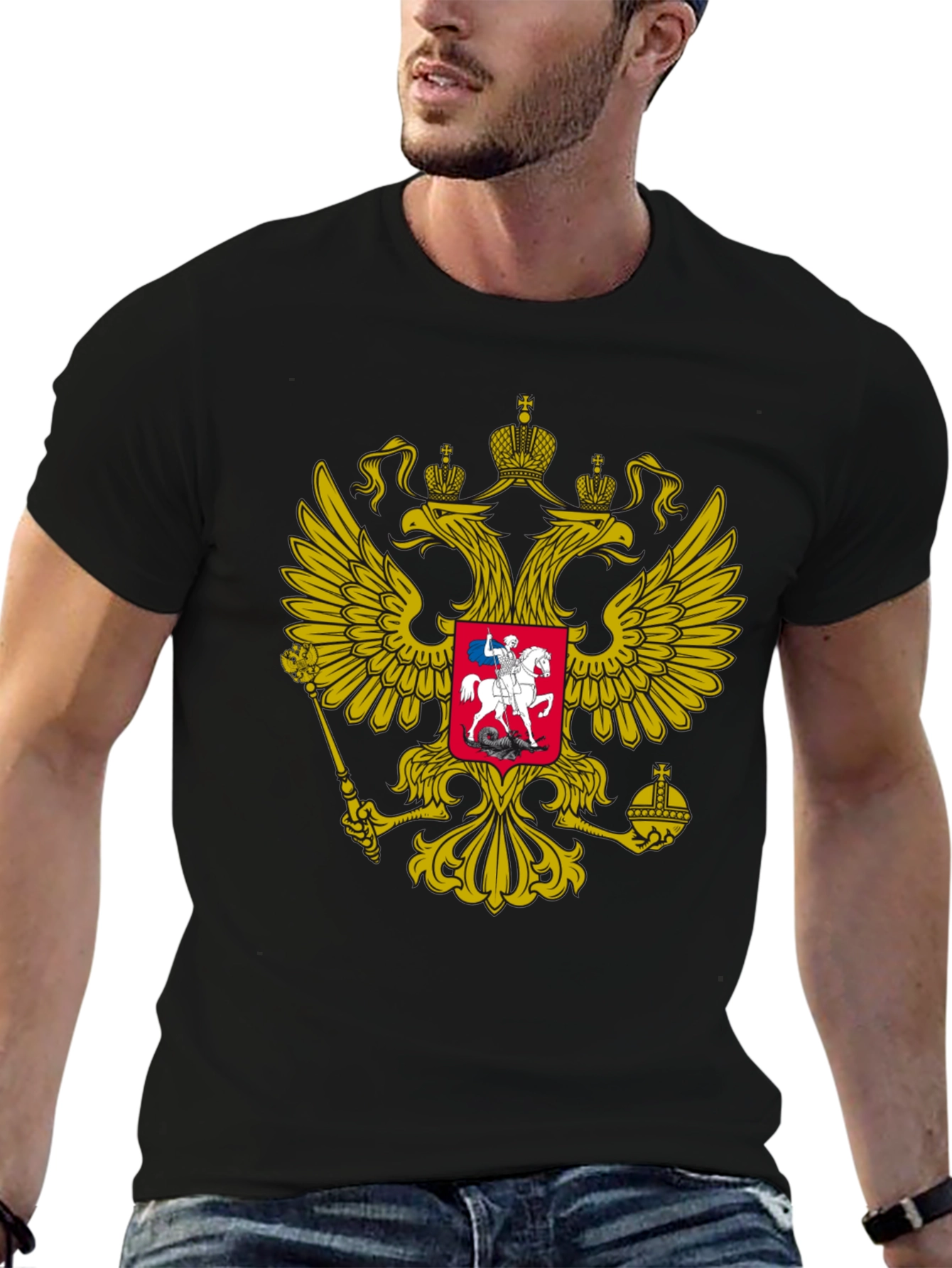 Black Tee with Russian Coat of Arms Graphic