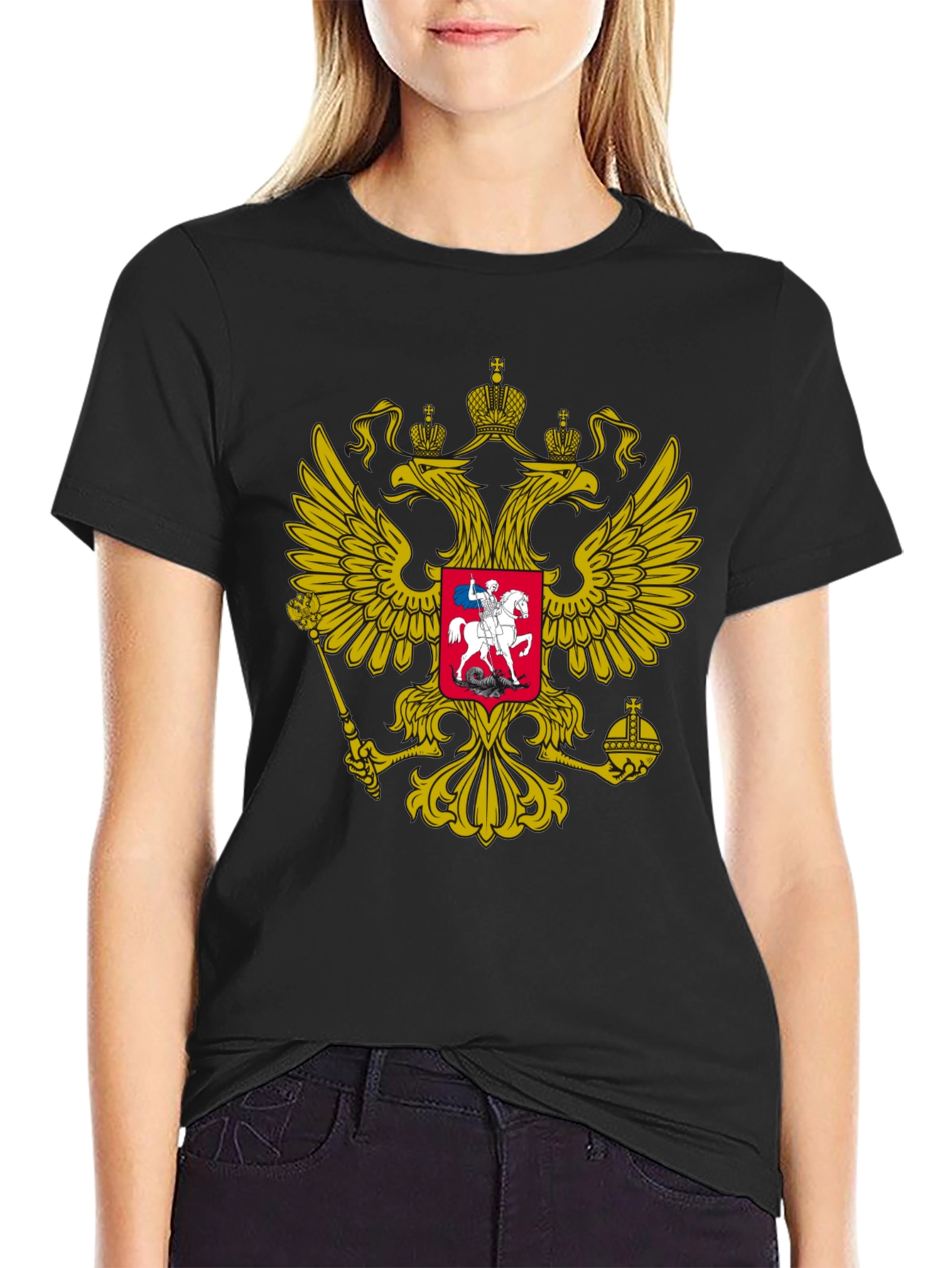 Black Tee with Russian Coat of Arms Graphic