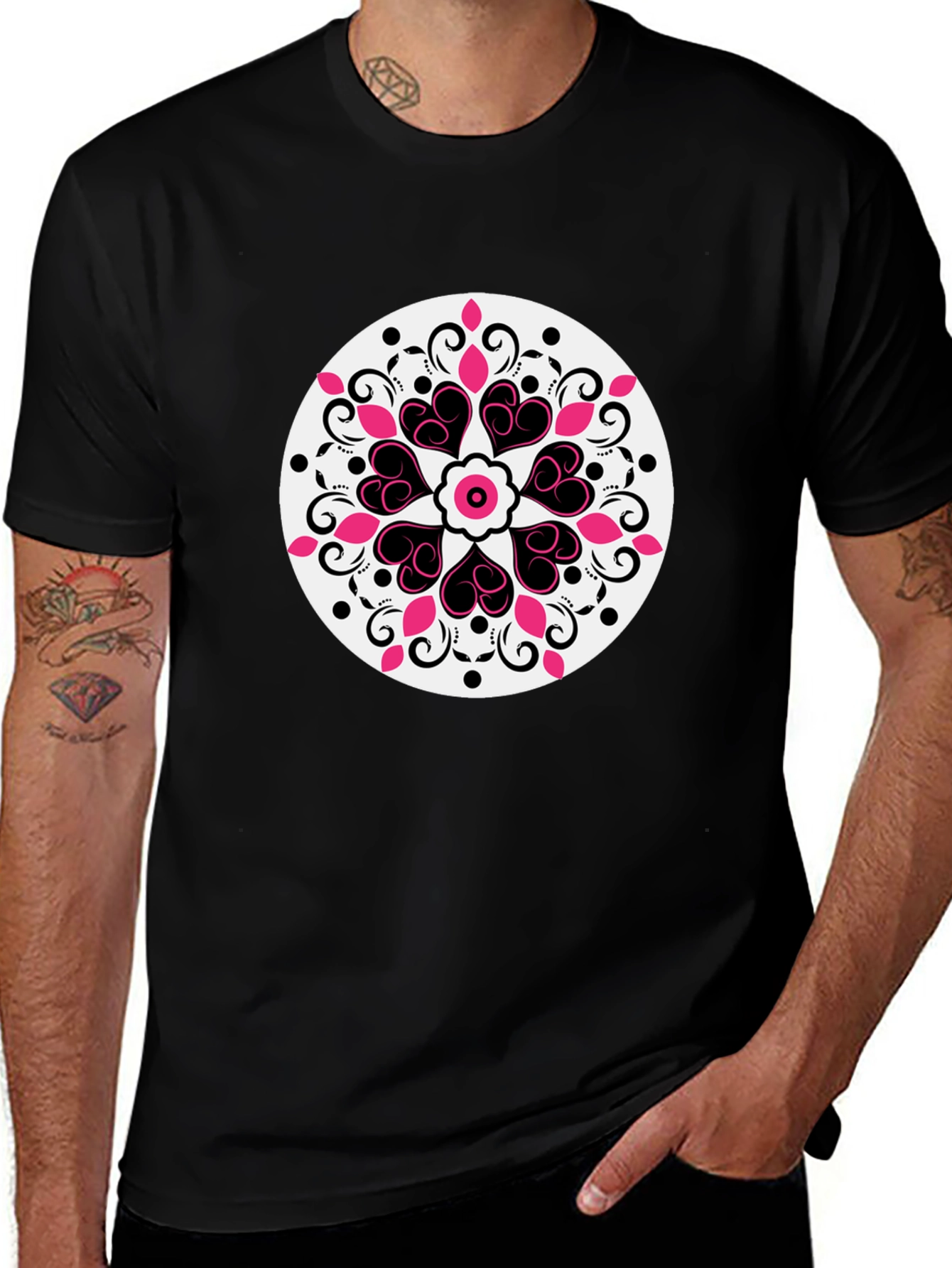 Heart Mandala Graphic Tee - Black Casual Style