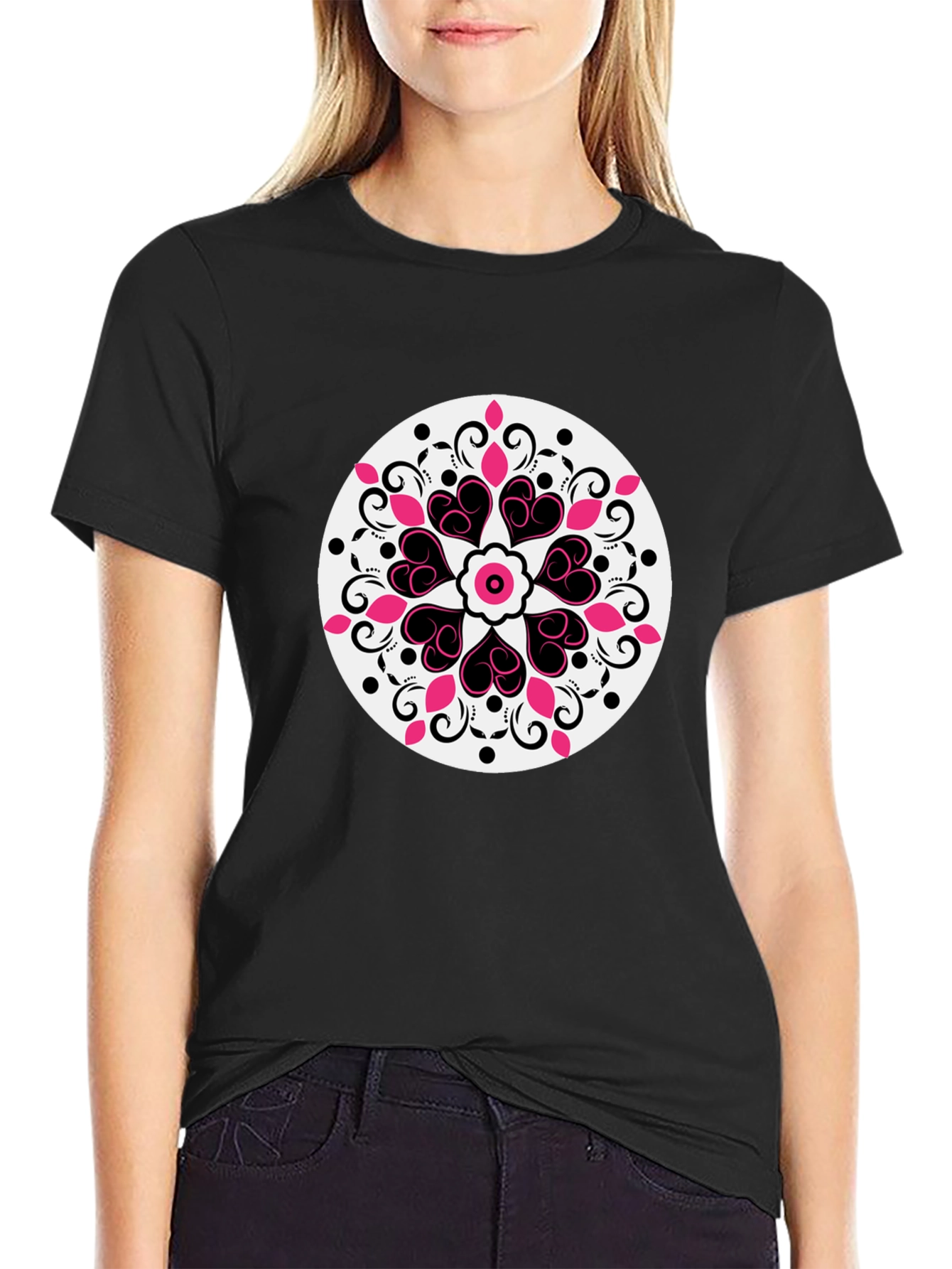 Heart Mandala Graphic Tee - Black Casual Style