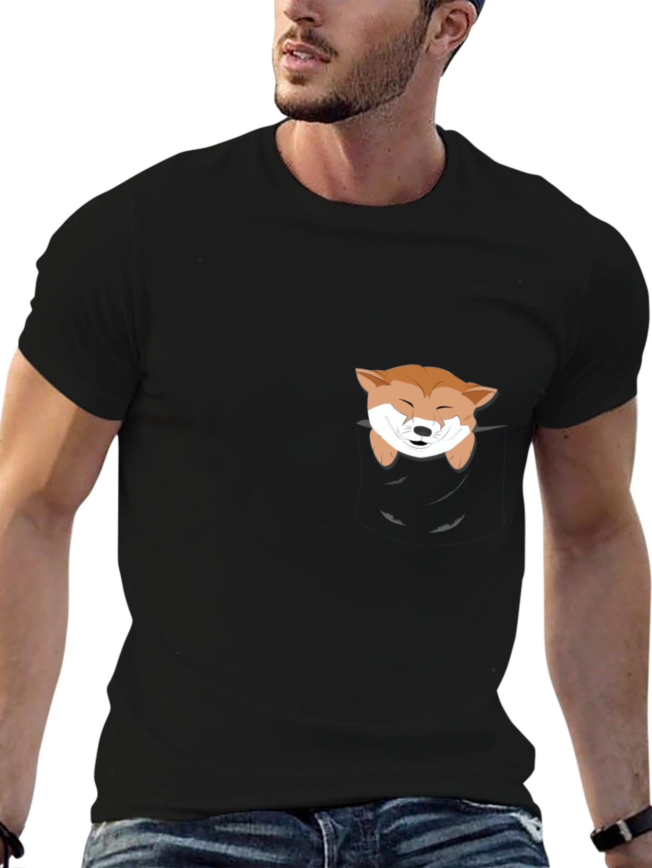 Cute Shiba Inu Pocket T-Shirt - Black