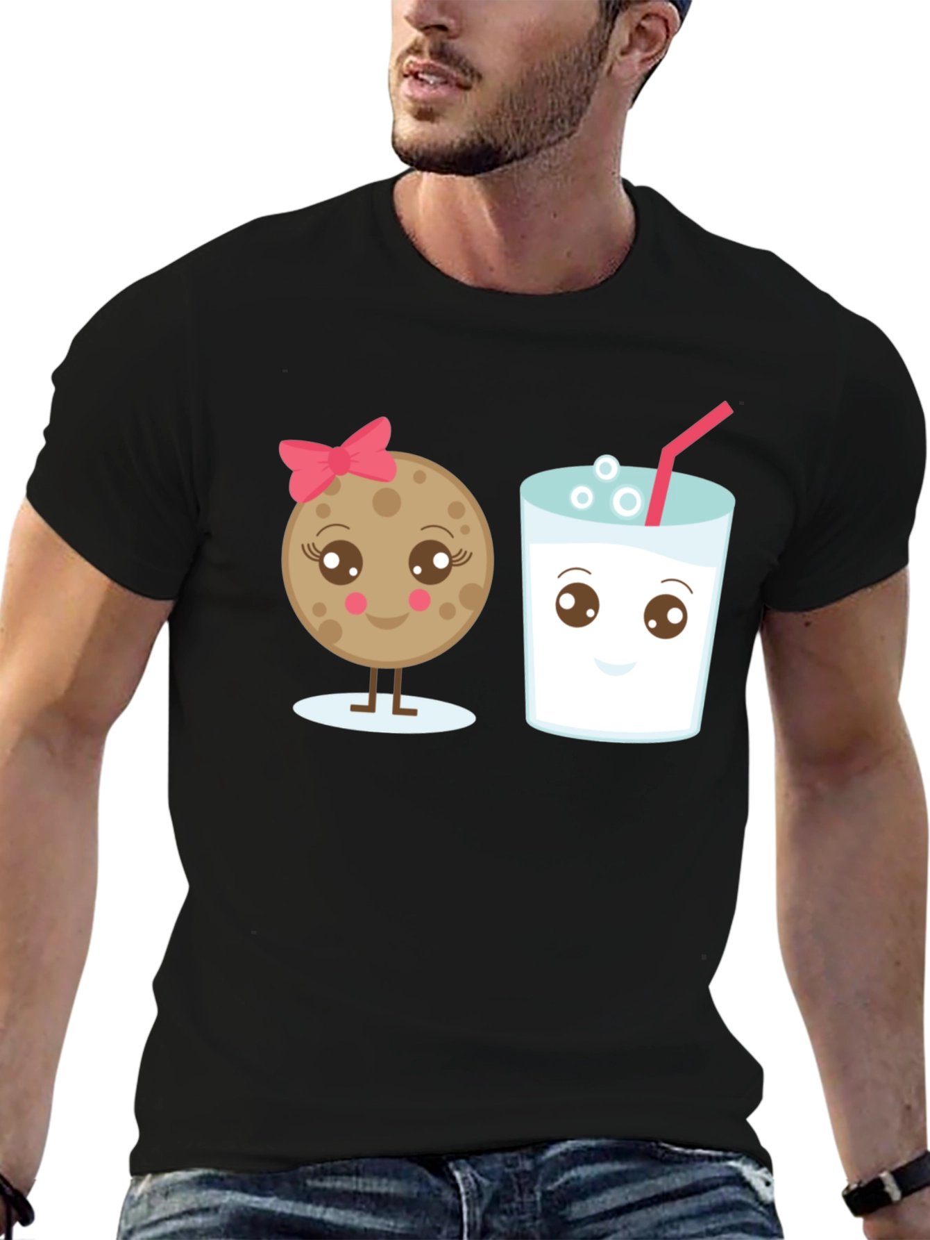 Cute Cookie & Milk Graphic Black T-Shirt