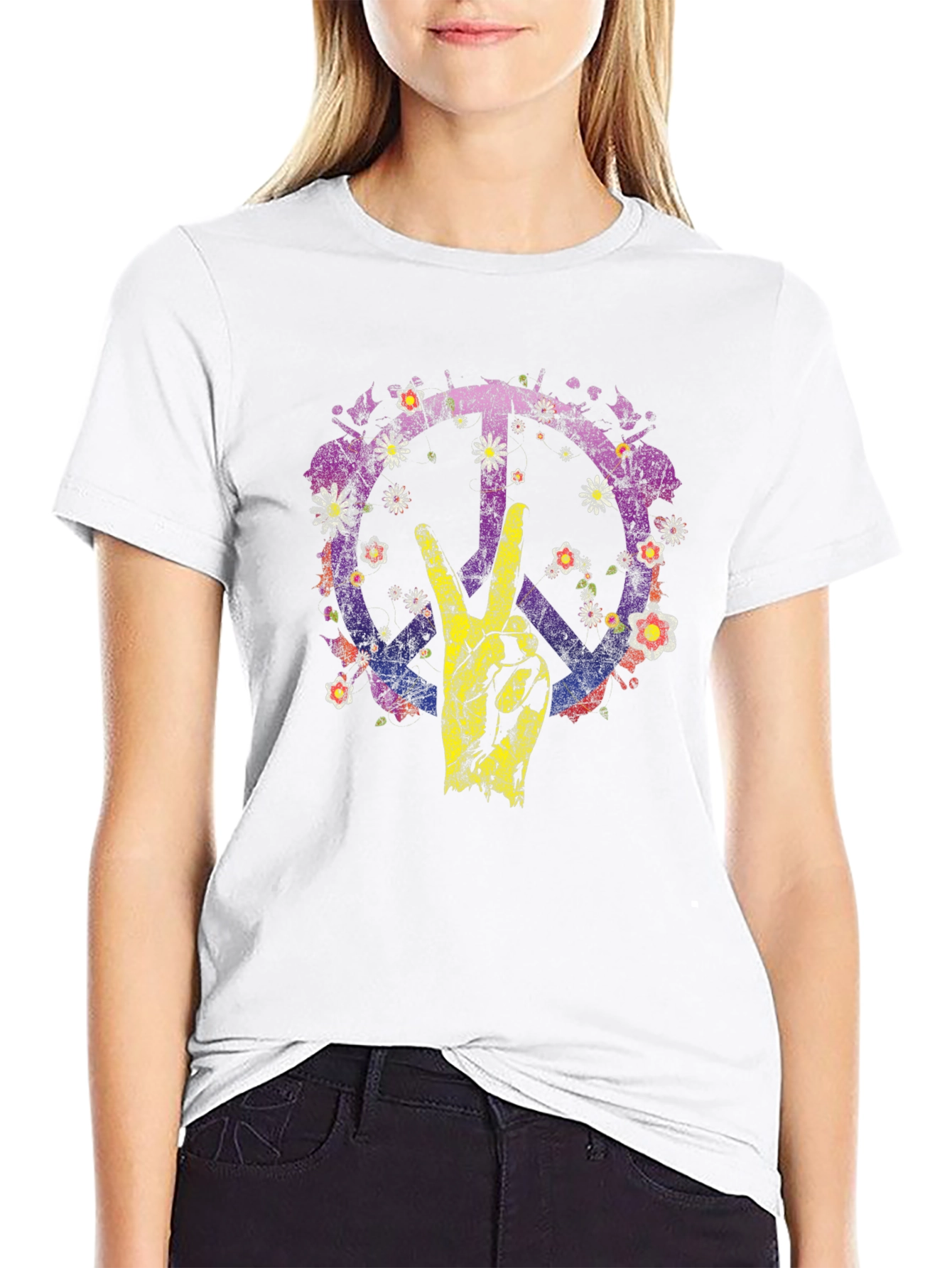 Floral Peace Sign Graphic T-Shirt