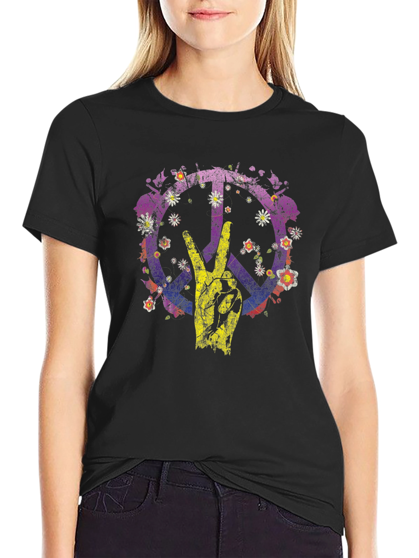 Floral Peace Sign Graphic T-Shirt