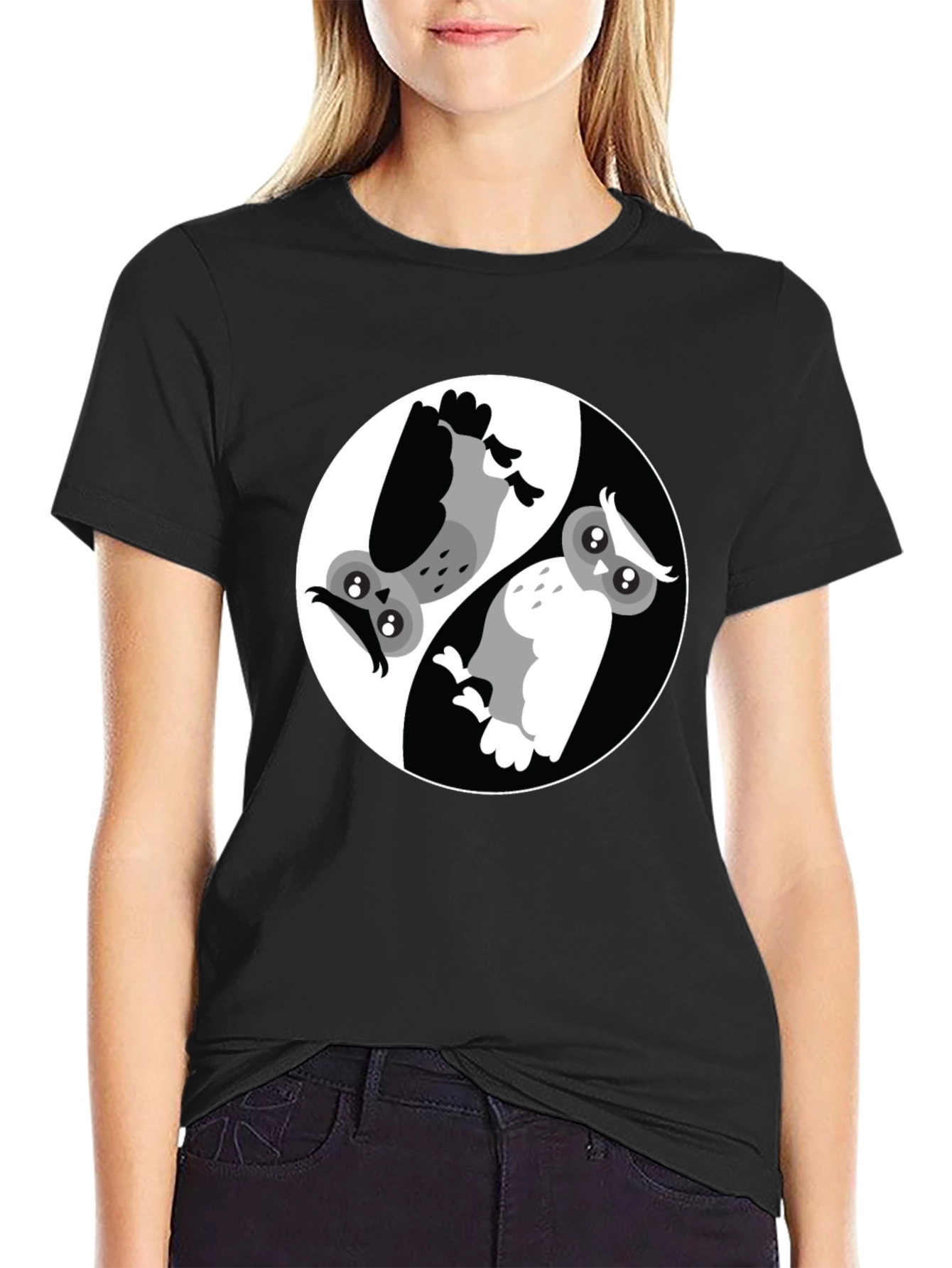 Yin Yang Owl Graphic T-Shirt - Balance and Style