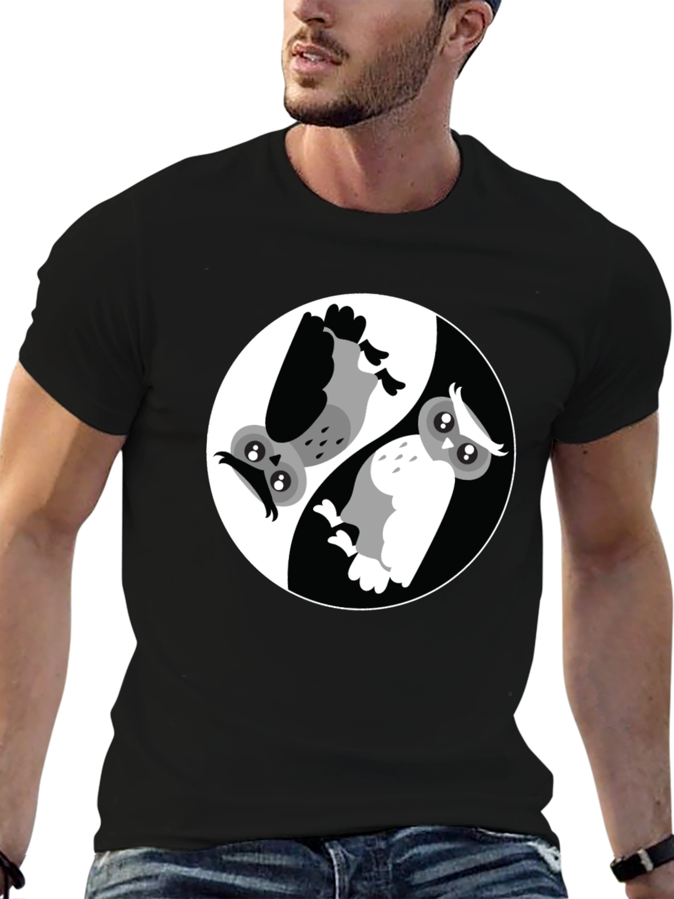 Yin Yang Owl Graphic T-Shirt - Balance and Style