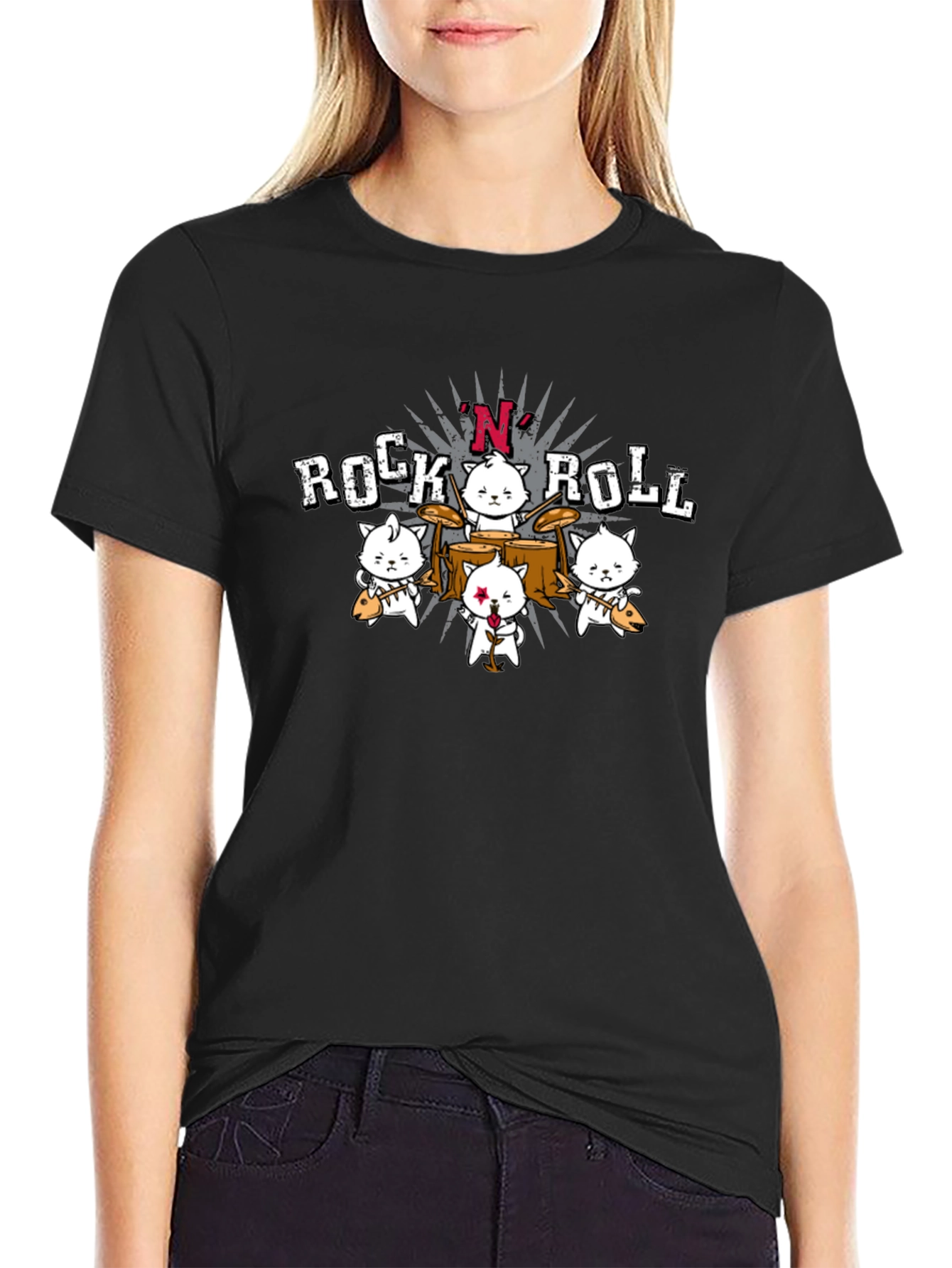 Rock N Roll Cat Band Graphic T-Shirt