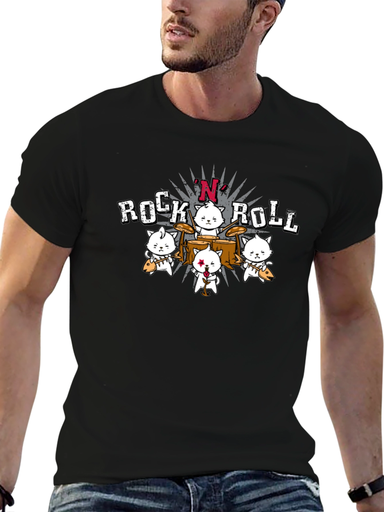 Rock N Roll Cat Band Graphic T-Shirt