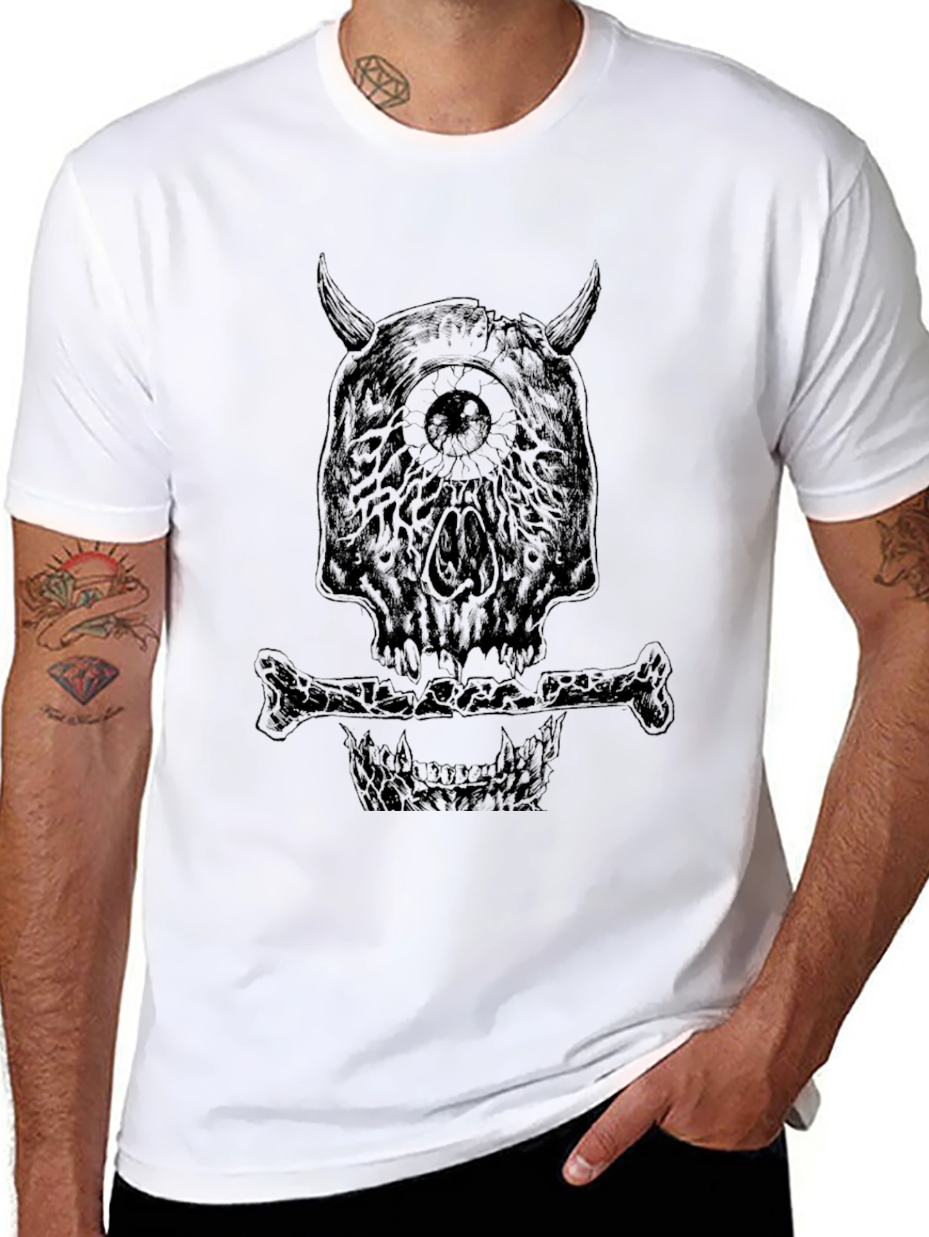 Monster Skull Graphic Tee - Black Crew Neck T-Shirt