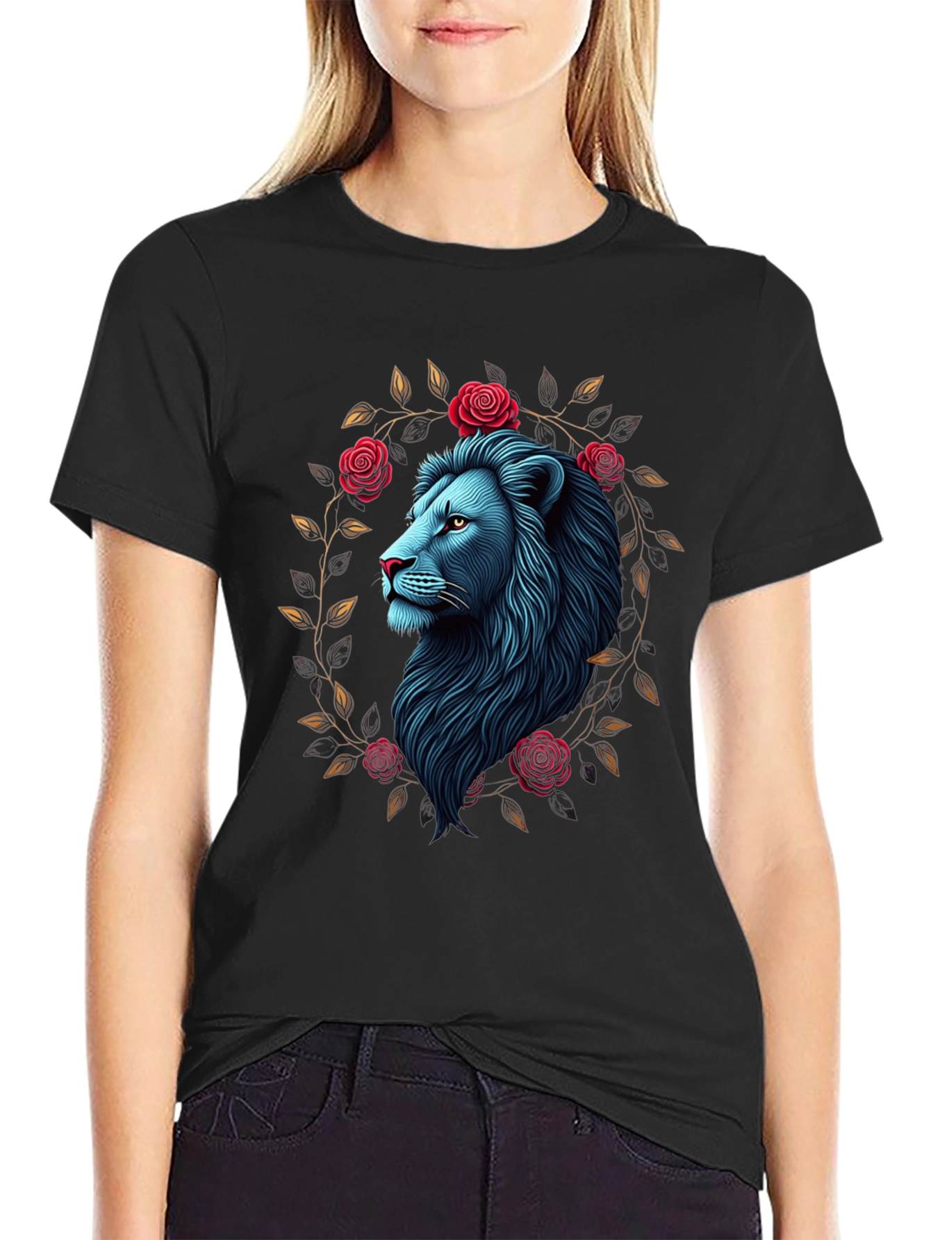 Lion and Roses Black Graphic Tee