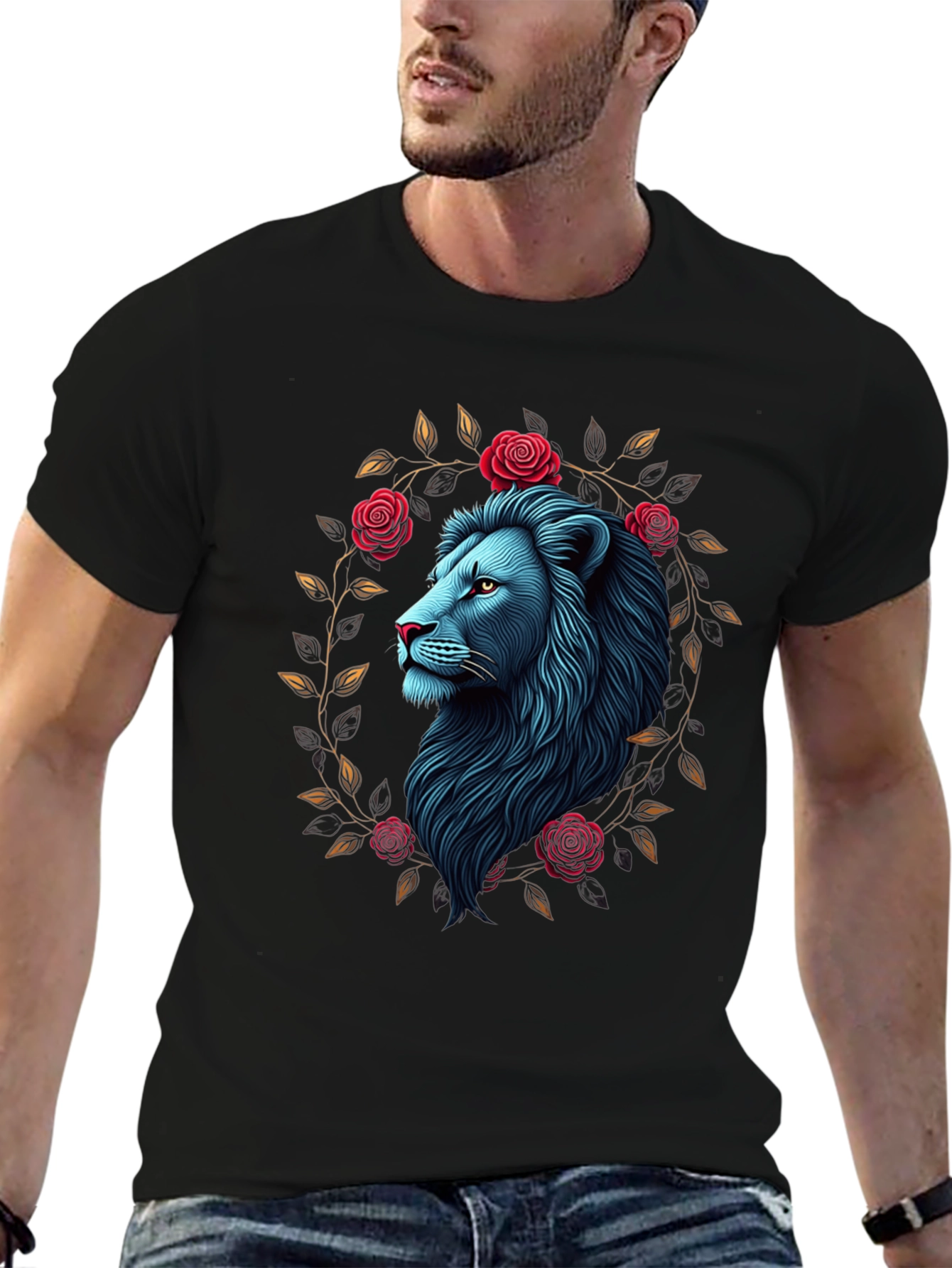 Lion and Roses Black Graphic Tee