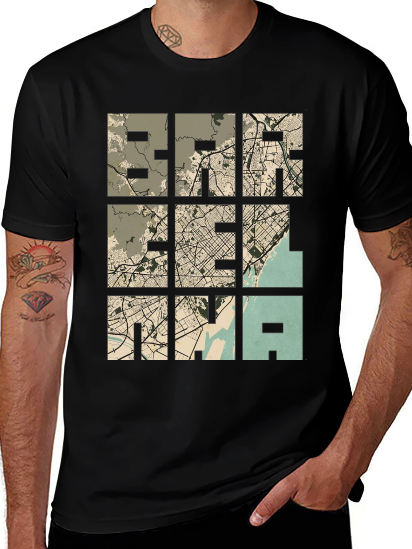 Unique Map Grid Graphic Tee - Black