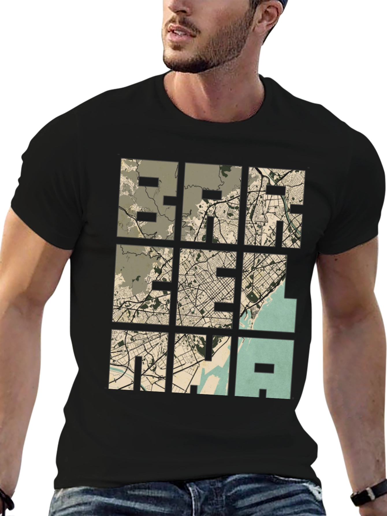 Unique Map Grid Graphic Tee - Black