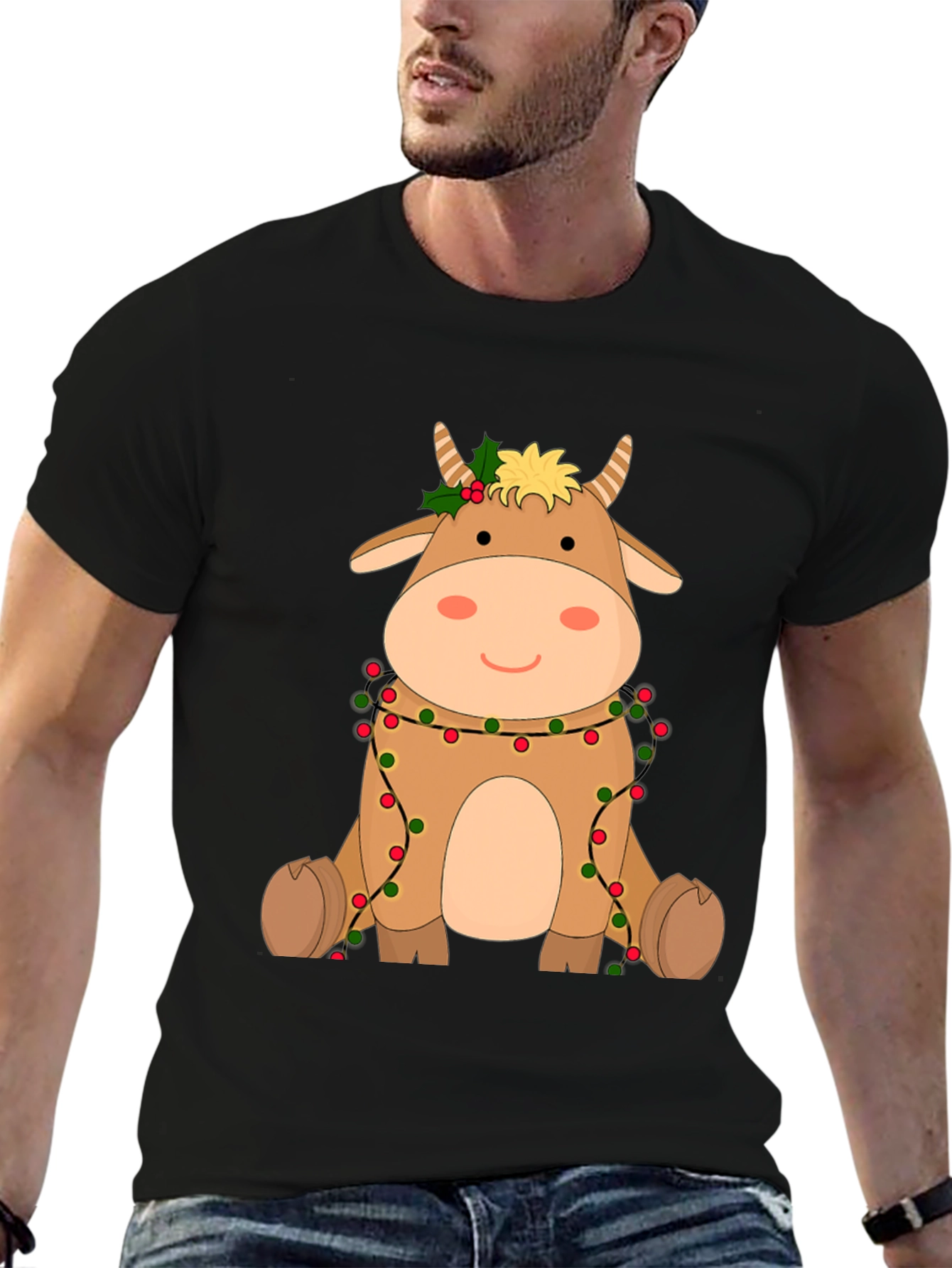 Festive Cow Graphic Tee - Holiday Cheer