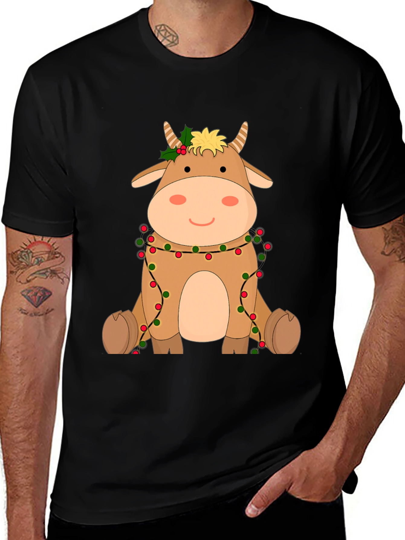Festive Cow Graphic Tee - Holiday Cheer