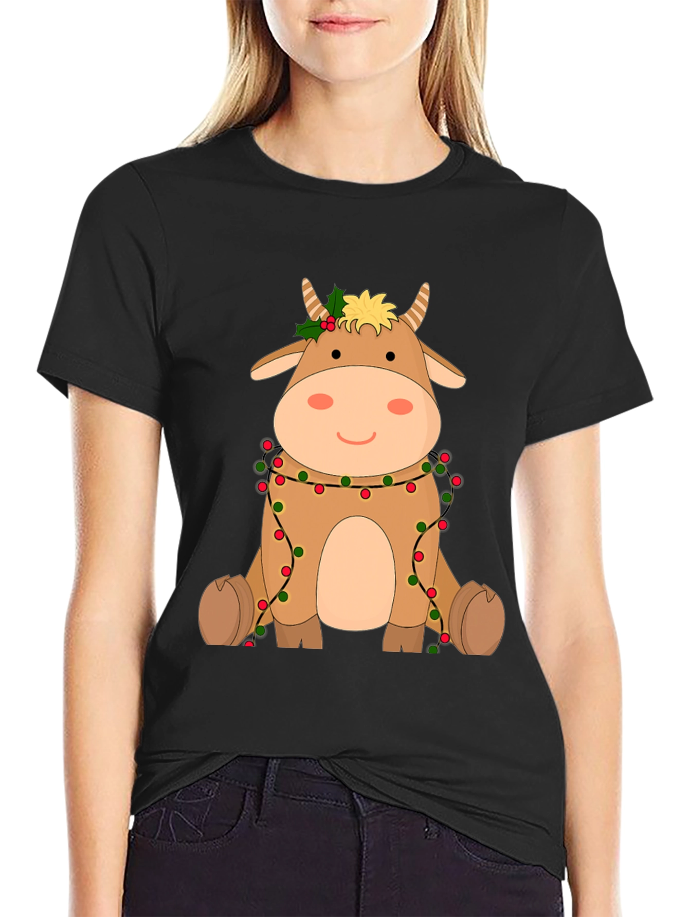 Festive Cow Graphic Tee - Holiday Cheer