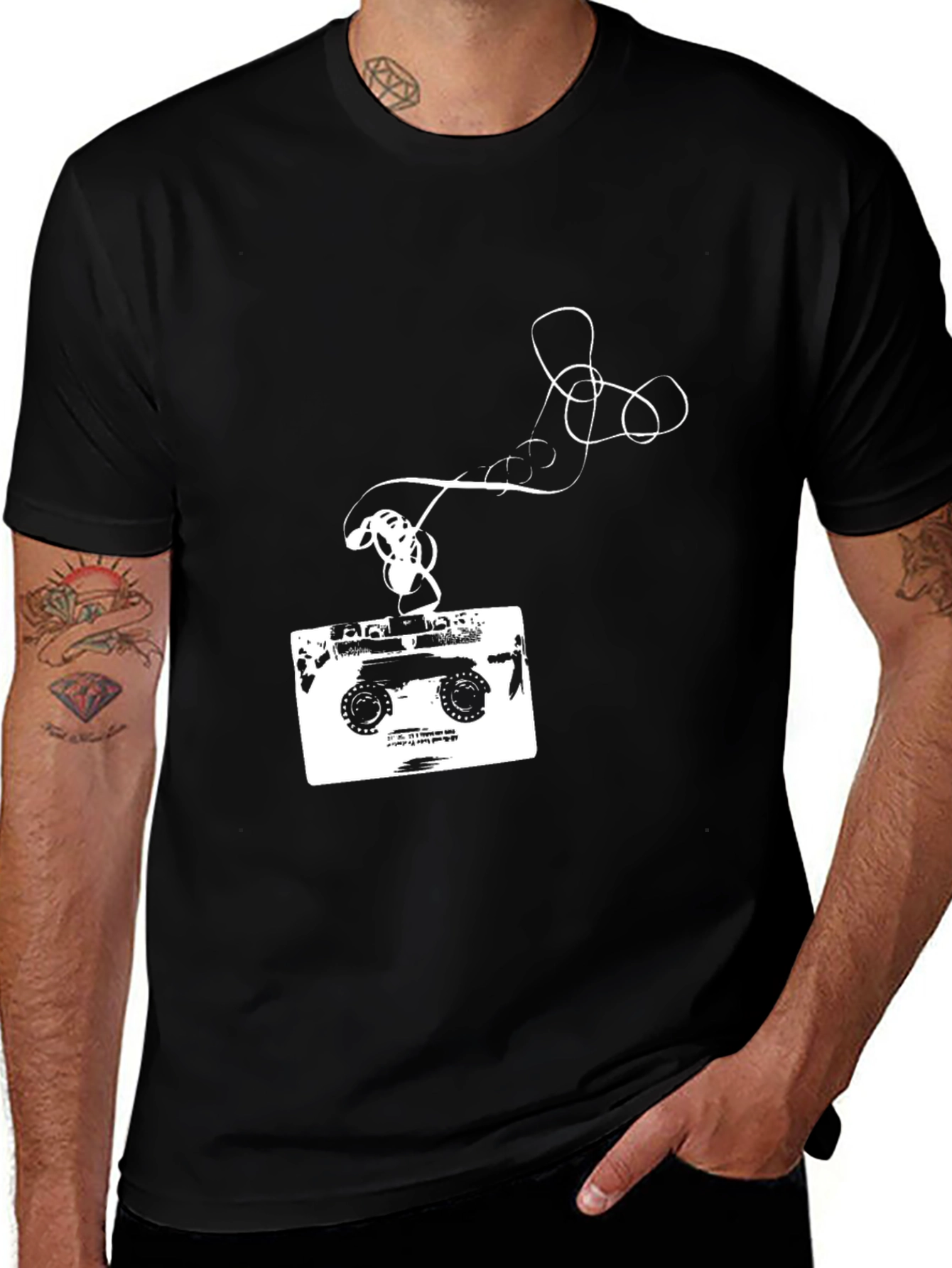 Retro Cassette Tape Graphic Tee - Black Cotton T-Shirt