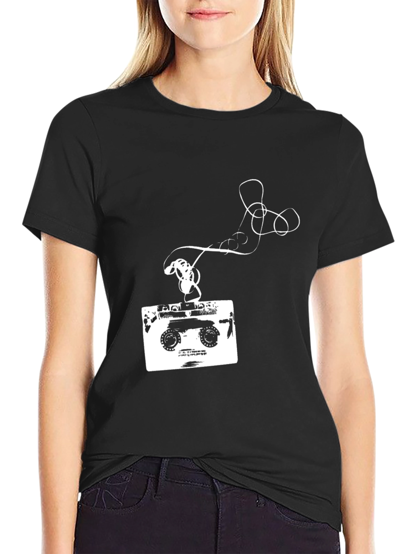 Retro Cassette Tape Graphic Tee - Black Cotton T-Shirt