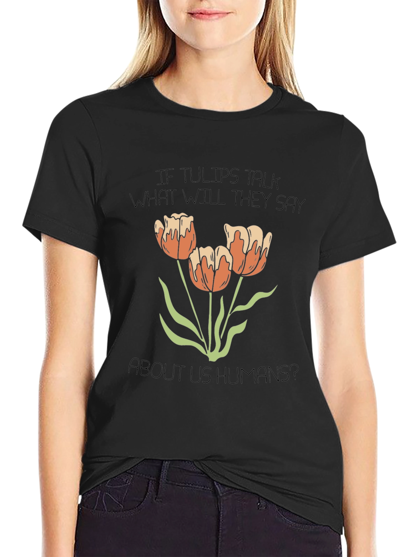 Tulips Talk Graphic Tee - Black Cotton Blend