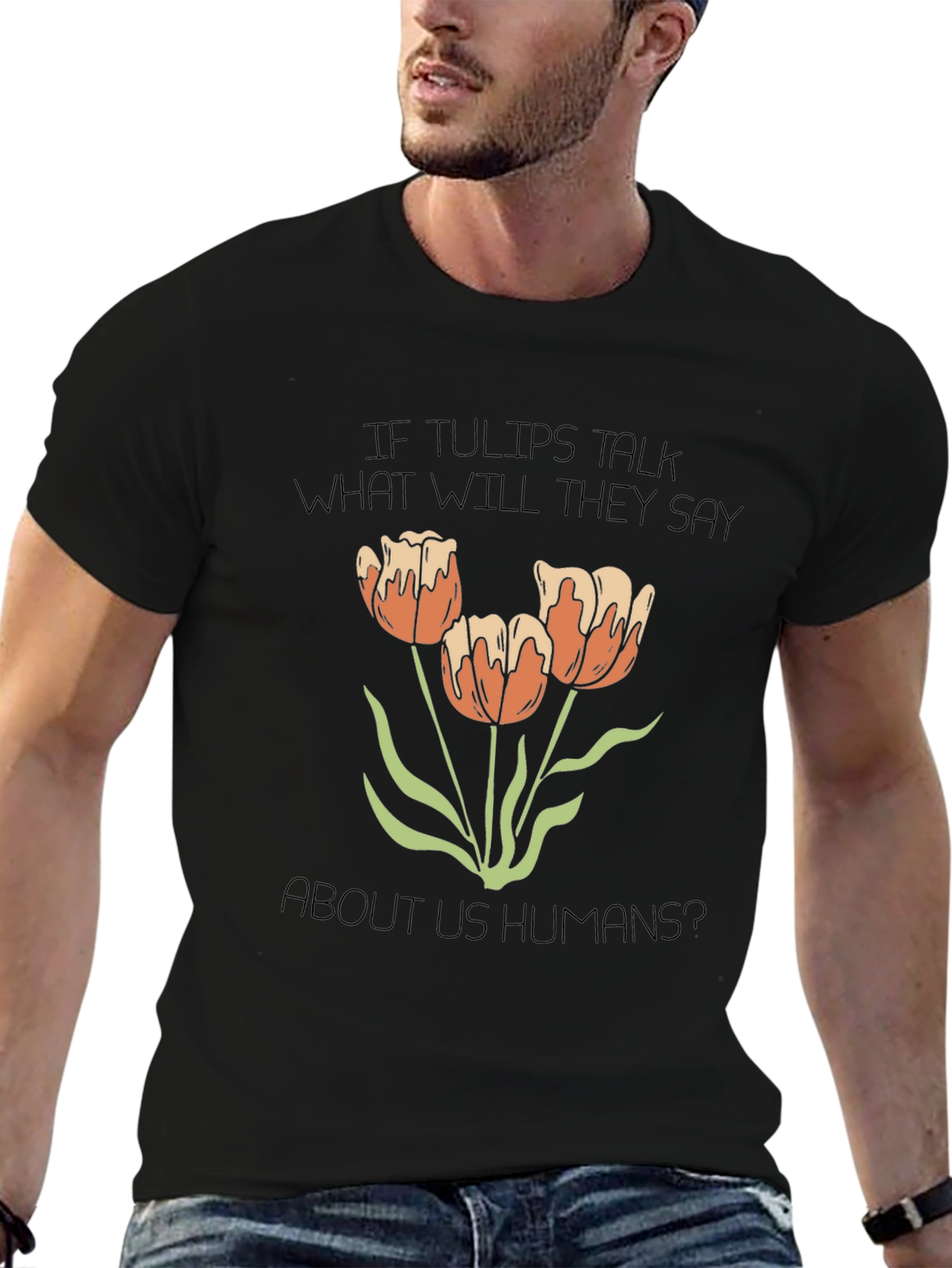 Tulips Talk Graphic Tee - Black Cotton Blend