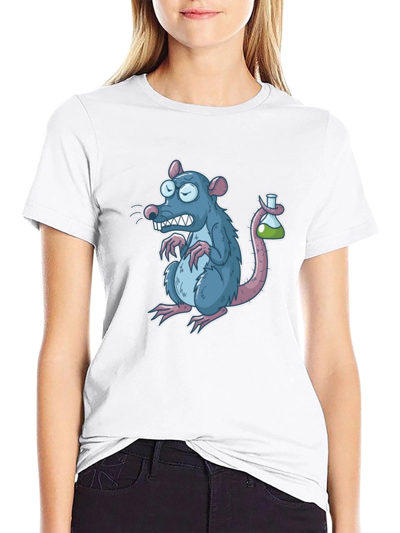 Cartoon Rat with Test Tube Black T-Shirt