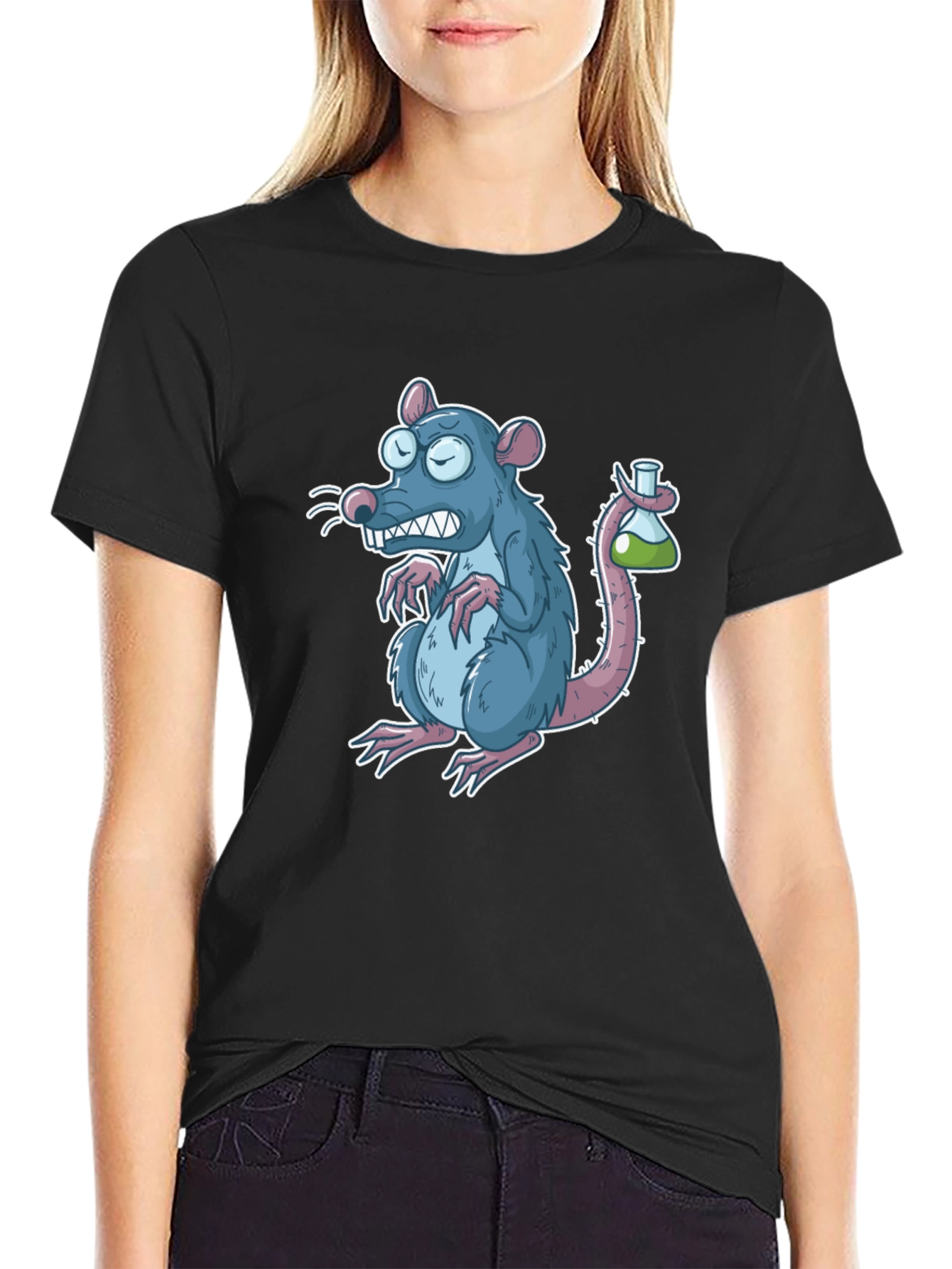 Cartoon Rat with Test Tube Black T-Shirt