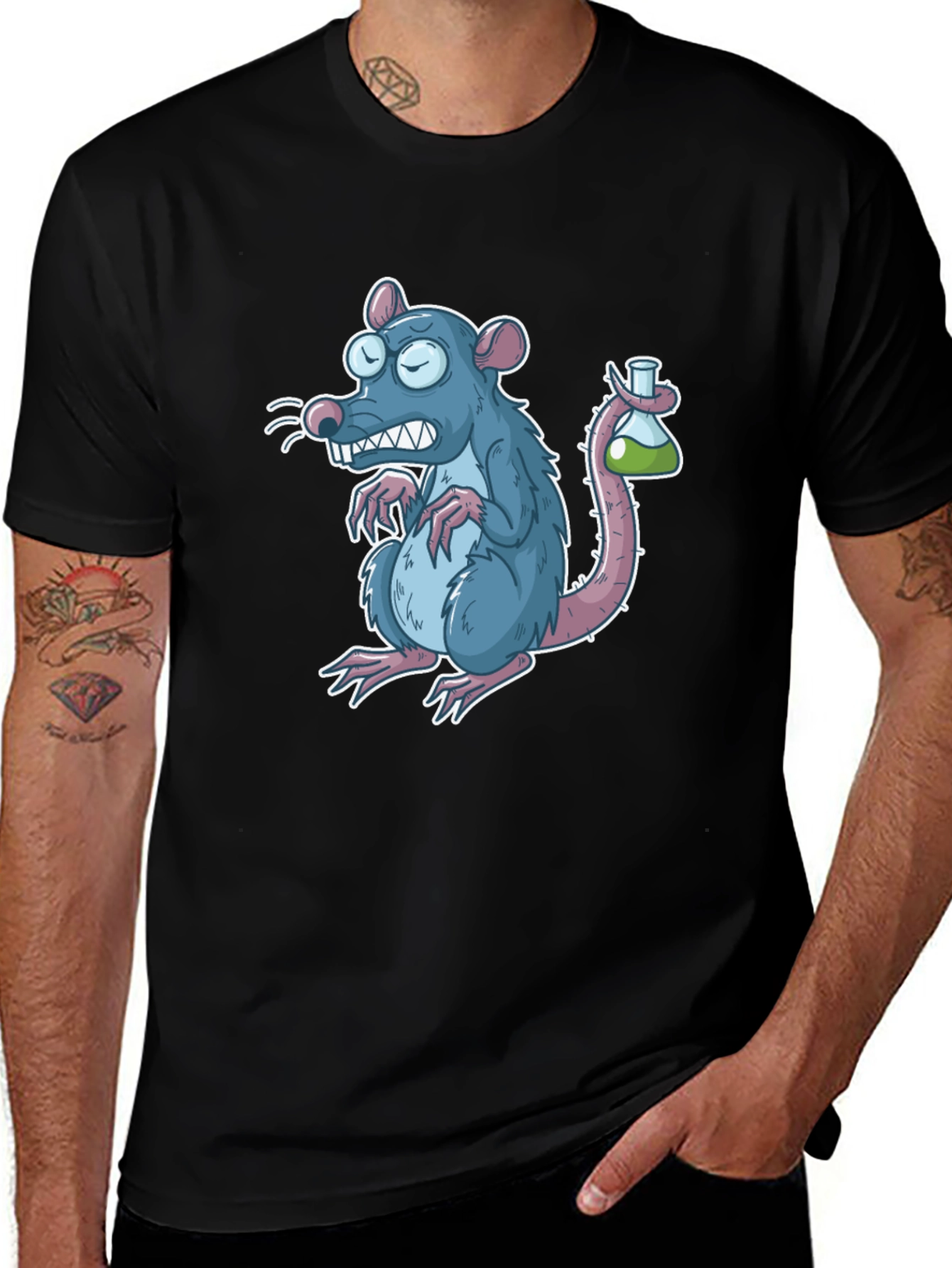Cartoon Rat with Test Tube Black T-Shirt