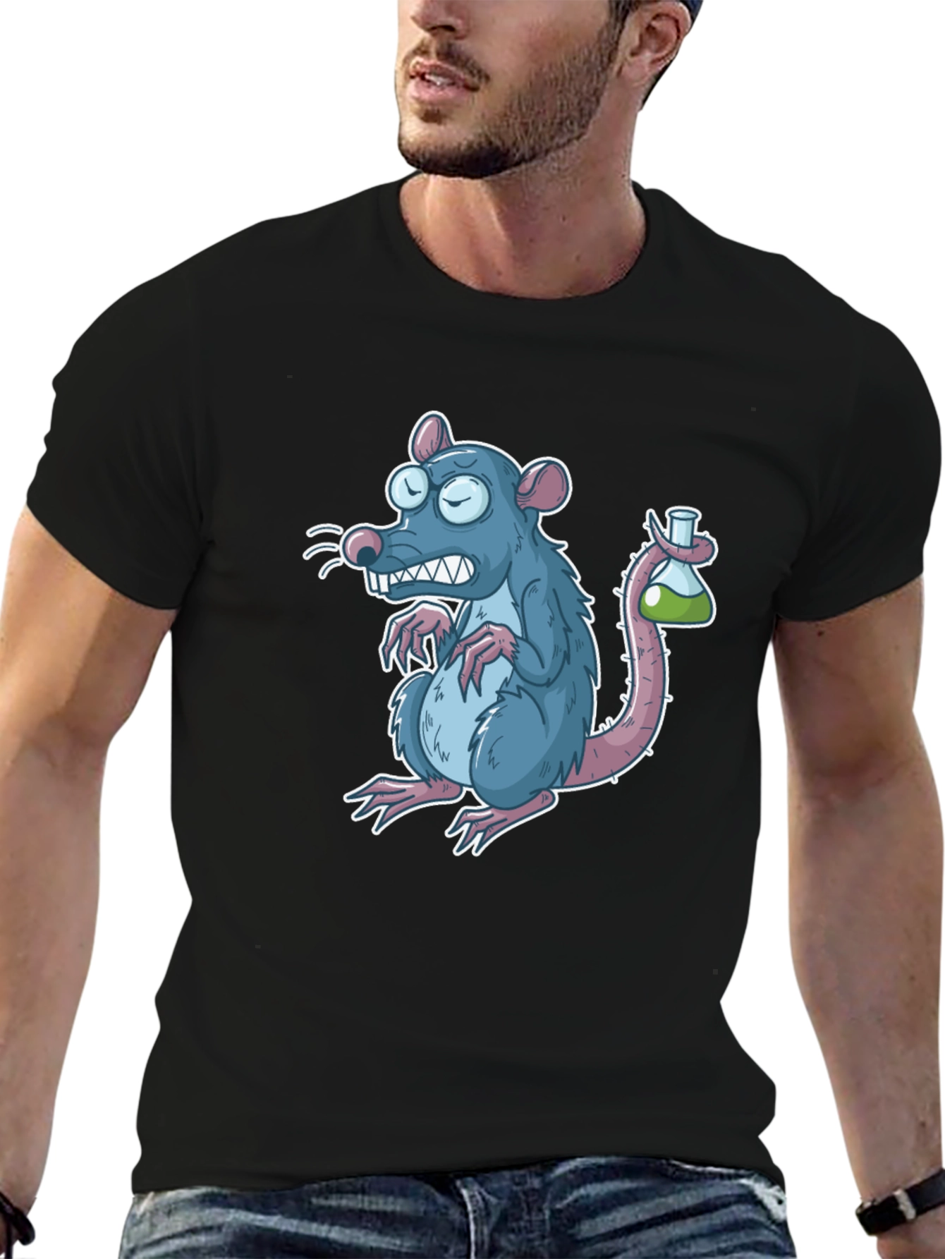 Cartoon Rat with Test Tube Black T-Shirt