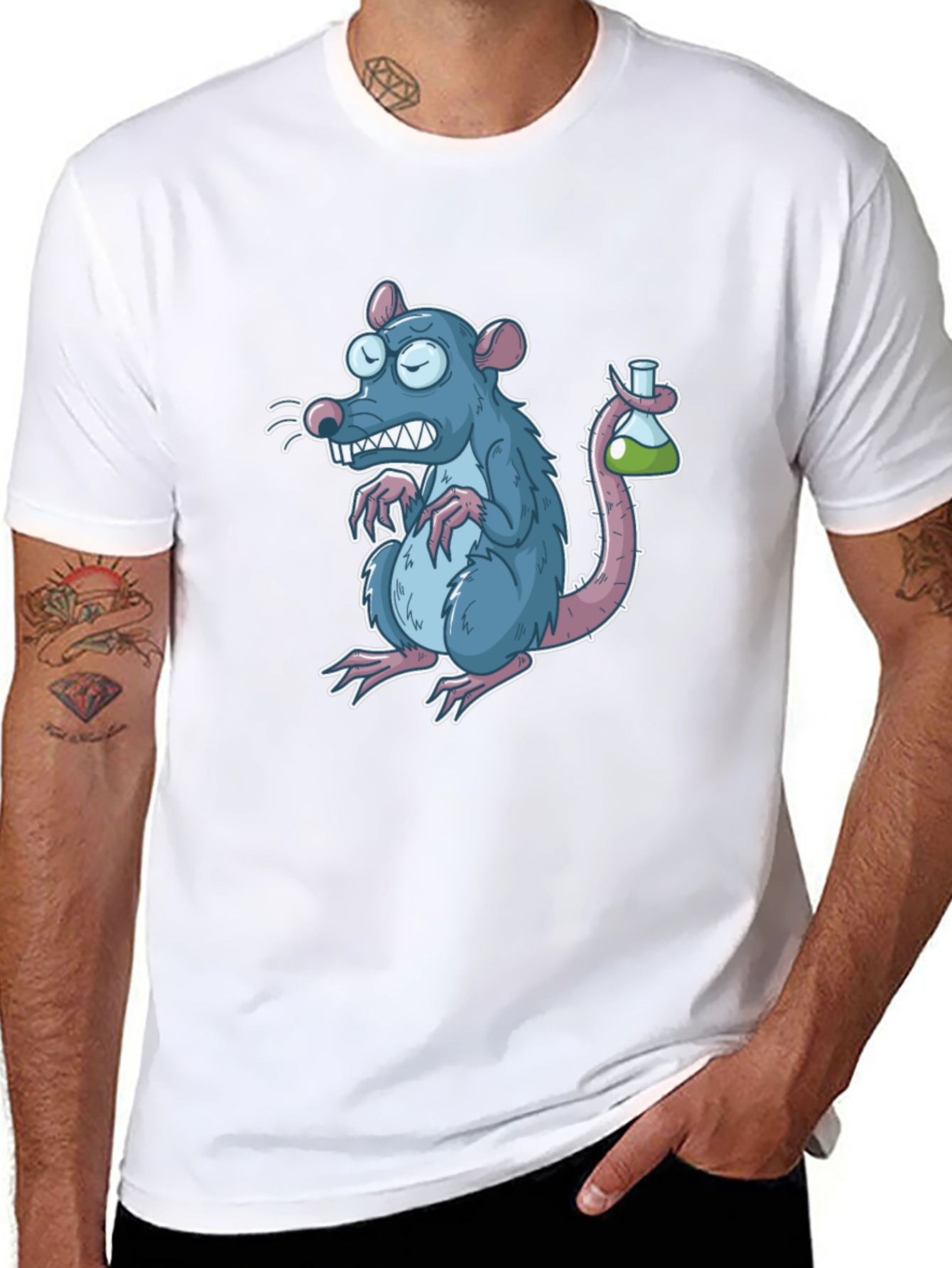 Cartoon Rat with Test Tube Black T-Shirt